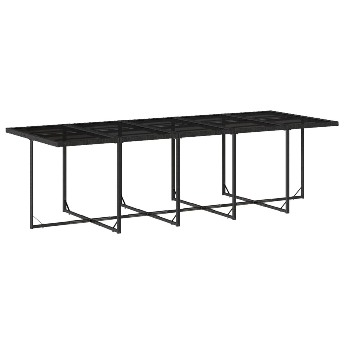 Ein langer, schwarzer Tisch für den Außenbereich mit Metallgestell. Er ist leer. Keine Stühle vorhanden.