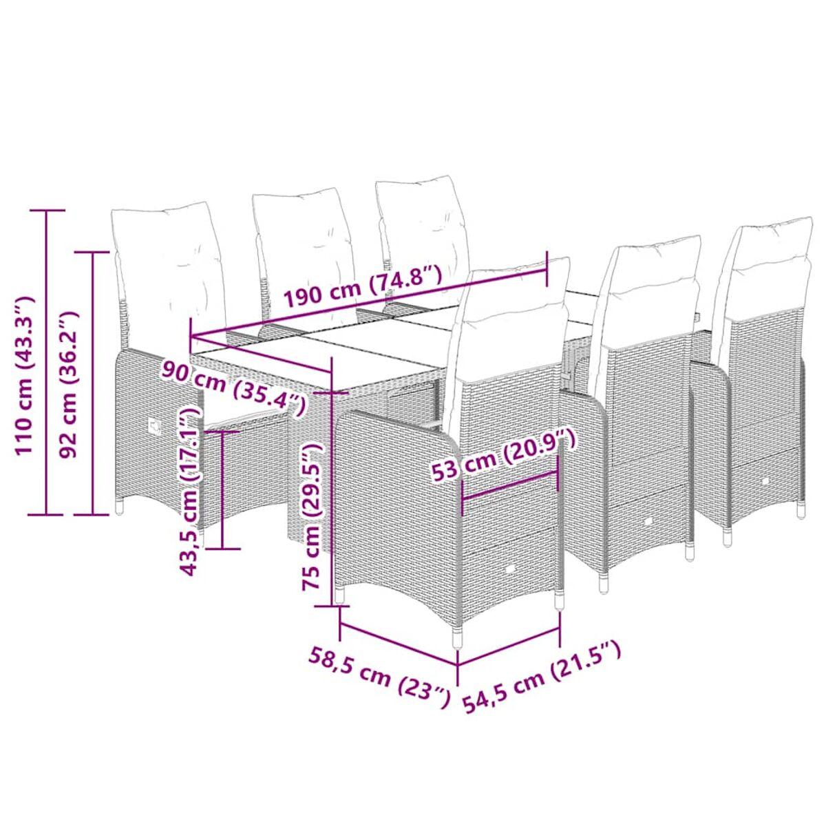 Set da pranzo in vimini con dimensioni. Tavolo, sedie, dimensioni in cm e pollici, sfondo bianco.