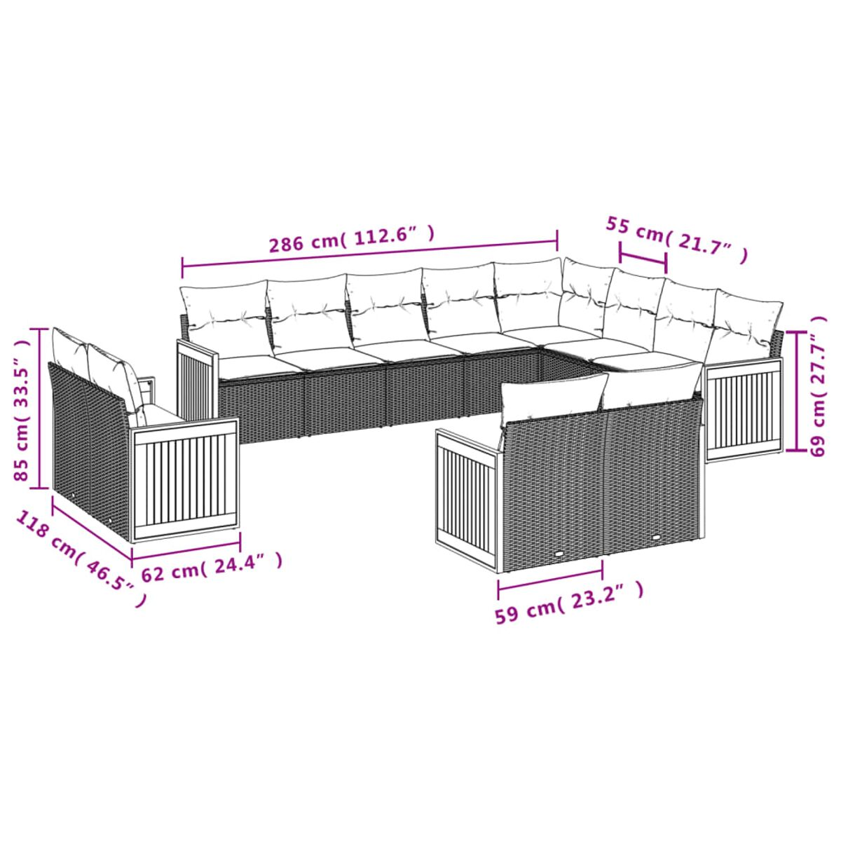 Diagramm eines Ecksofas aus Rattan mit Maßen in cm und Zoll auf weißem Hintergrund.