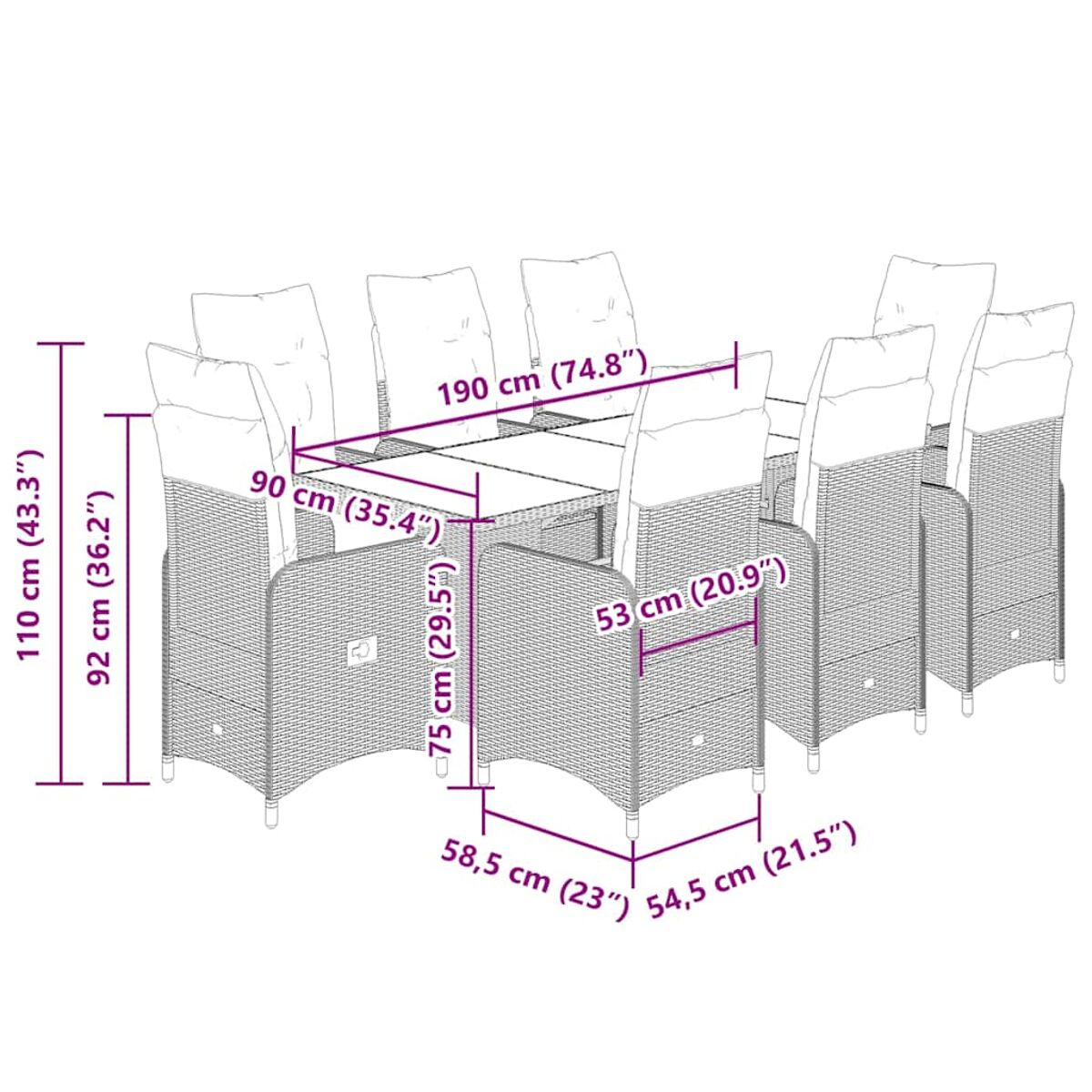 Schema di un set da pranzo con misure. Include un tavolo e diverse sedie.