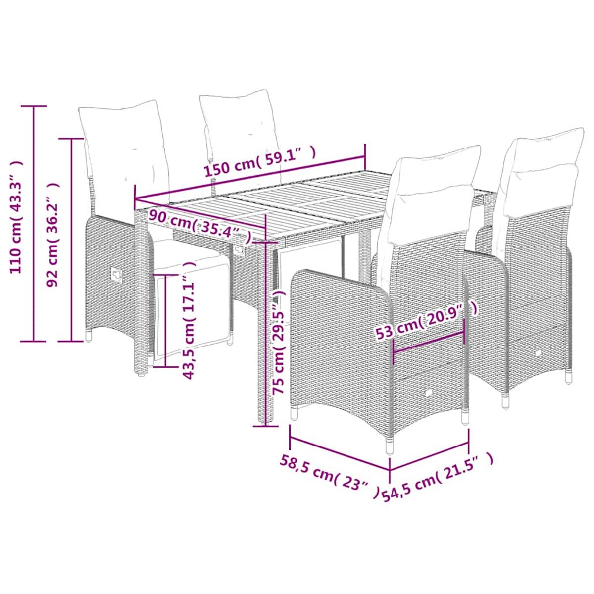 Set da pranzo per esterni con tavolo e sedie, misure in centimetri. Sfondo bianco.