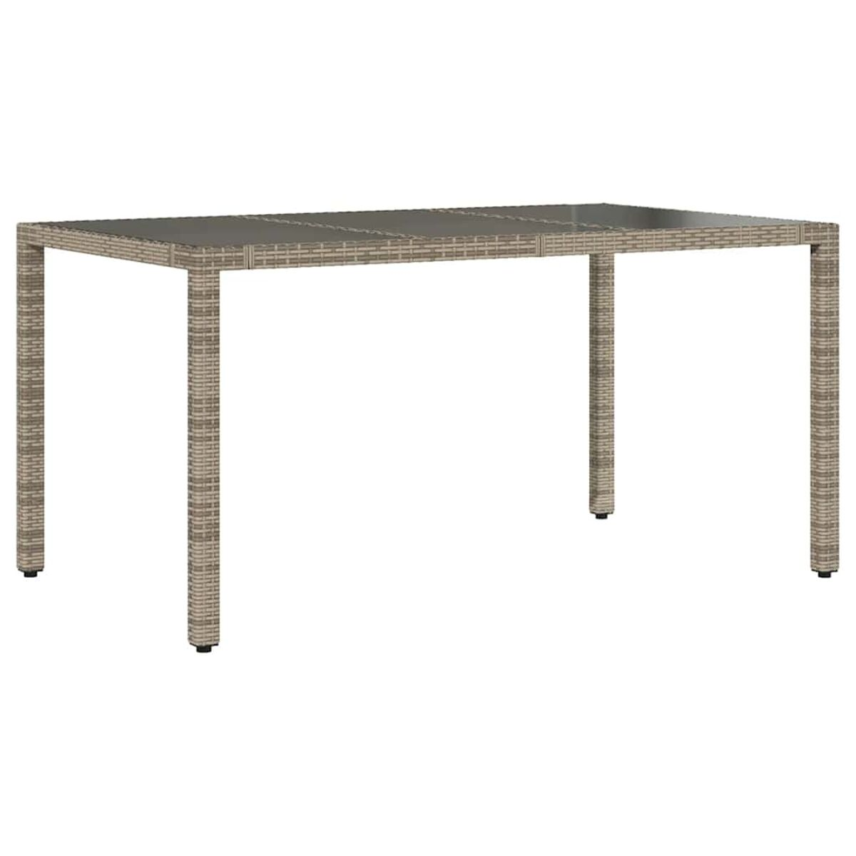 Tavolo da pranzo rettangolare con telaio in rattan e piano in vetro grigio. Quattro gambe. Design minimalista.
