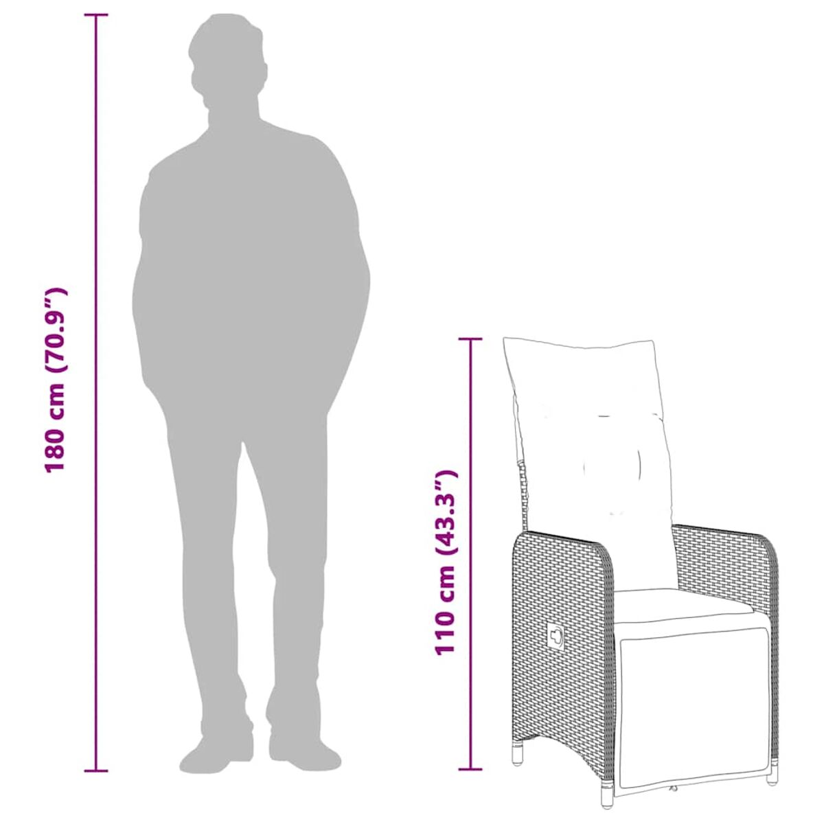 Silhouette di una persona accanto a una sedia con dimensioni espresse in centimetri.