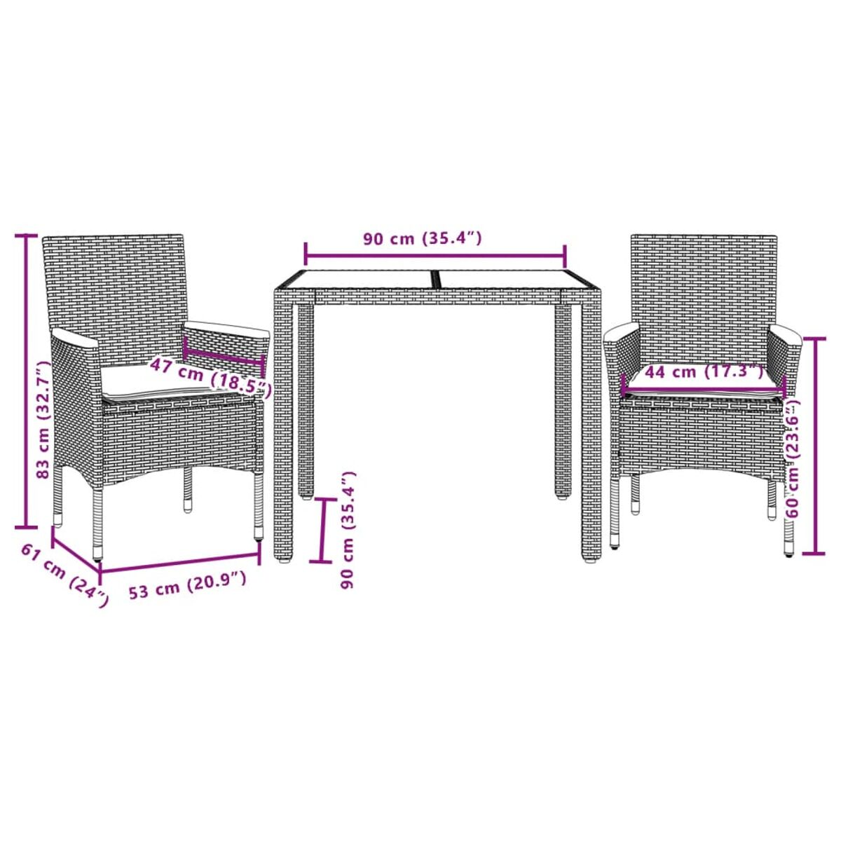 Diagramm des Outdoor-Korbmöbel-Tisch- und Stuhlsets. Abmessungen sind in cm und Zoll angegeben.