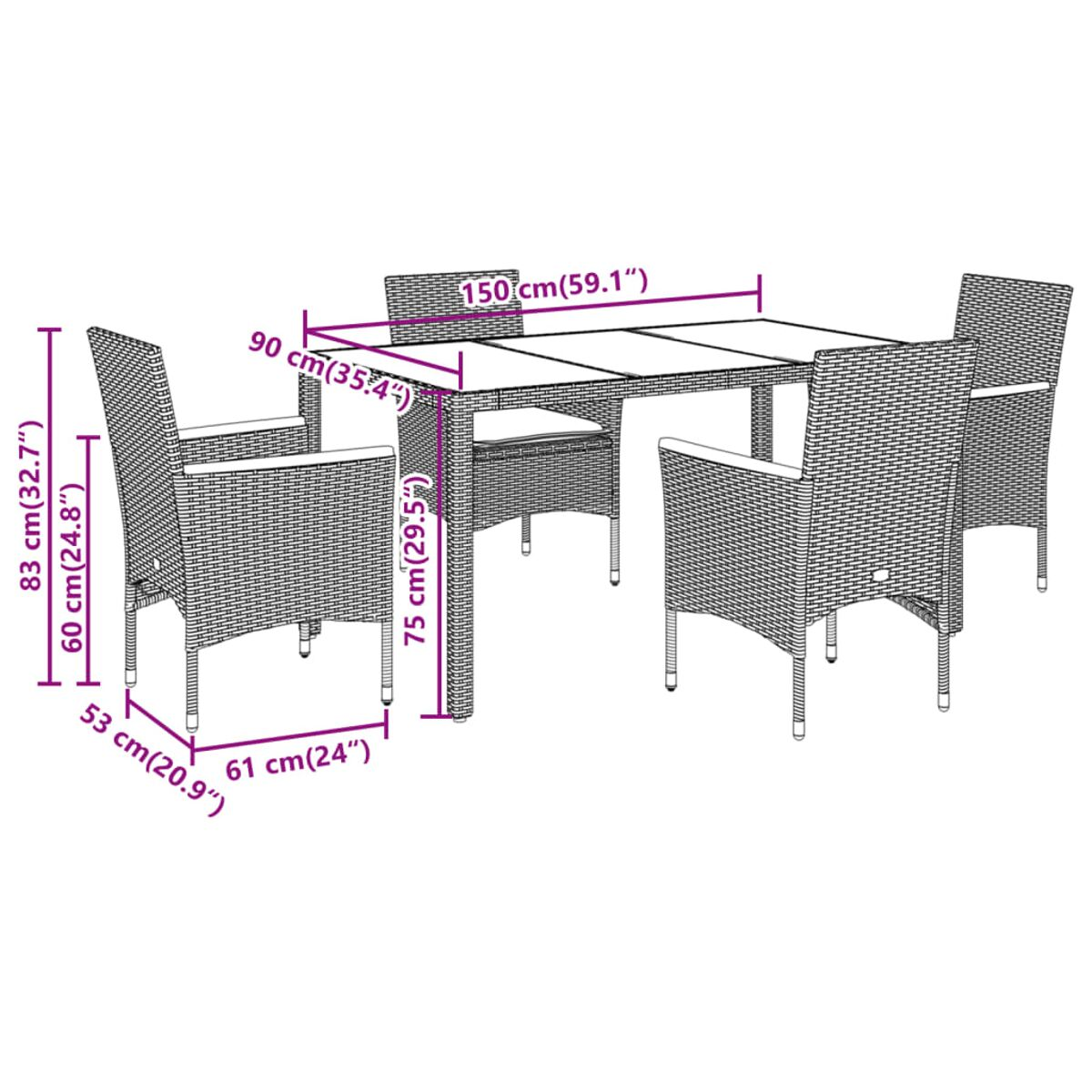 Rattan-Essgruppe für den Außenbereich mit Abmessungen. Enthält einen Tisch und Stühle mit Kissen. Weißer Hintergrund.
