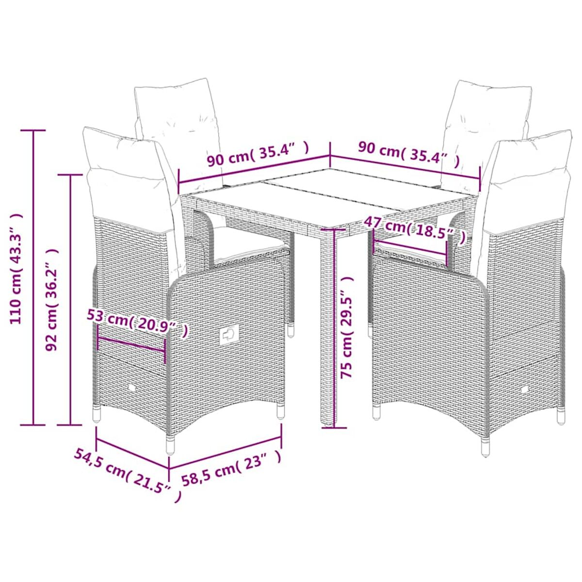 Schema di un set da pranzo in vimini da esterno. Tavolo con dimensioni, quattro sedie, etichettate con le loro misure.