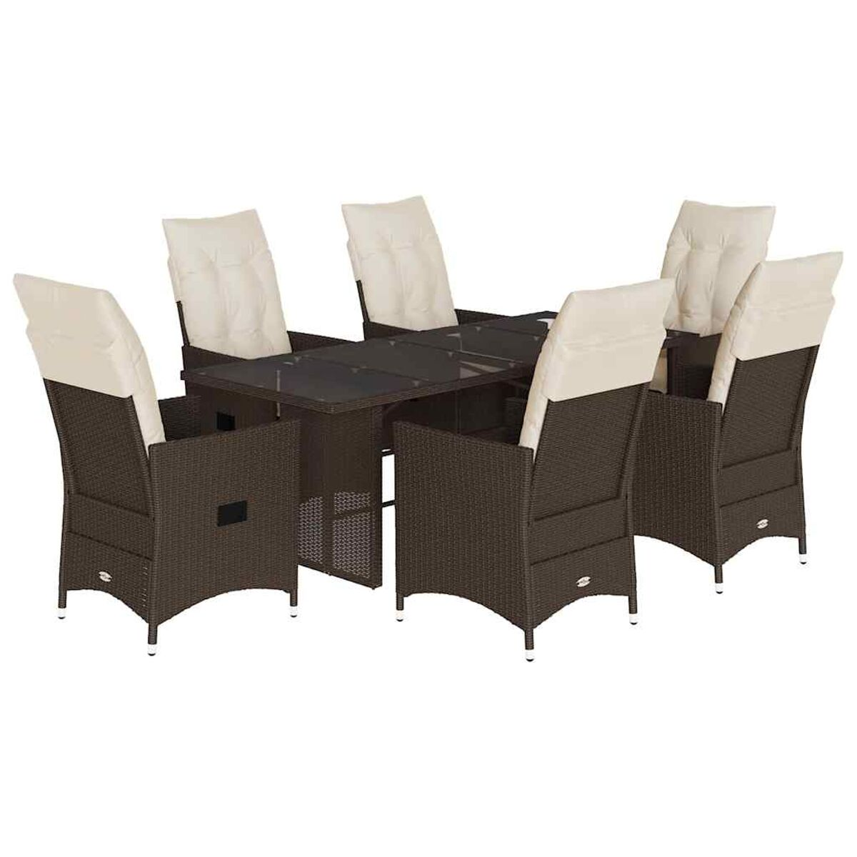 Set da pranzo in vimini marrone con piano in vetro e cuscini beige.