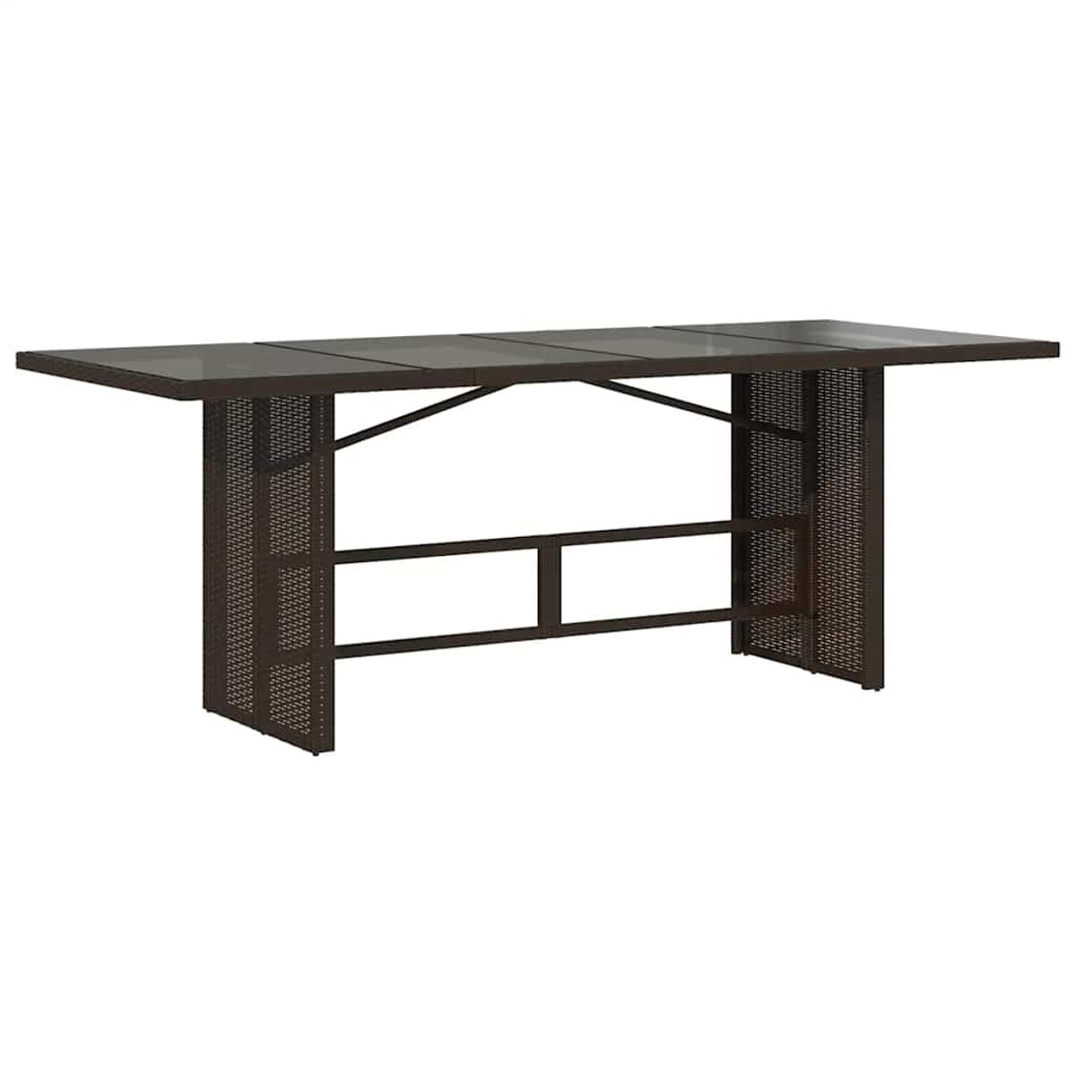 Un lungo tavolo marrone con piano scuro. Il tavolo ha un design a griglia.