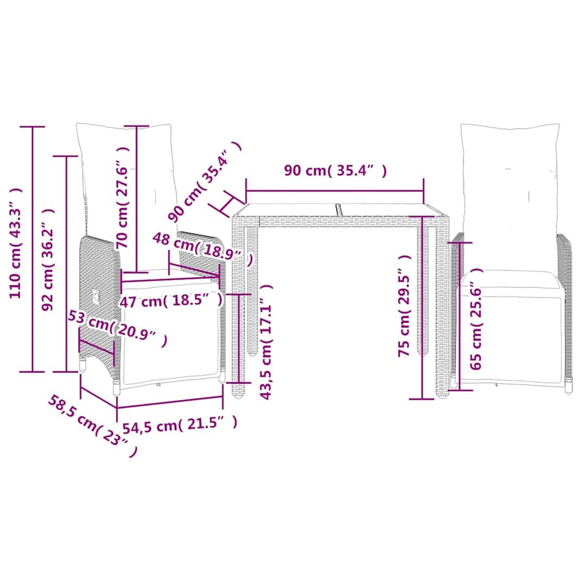 Diagramma di un tavolo e due sedie. Le dimensioni di ciascuno sono etichettate in cm.