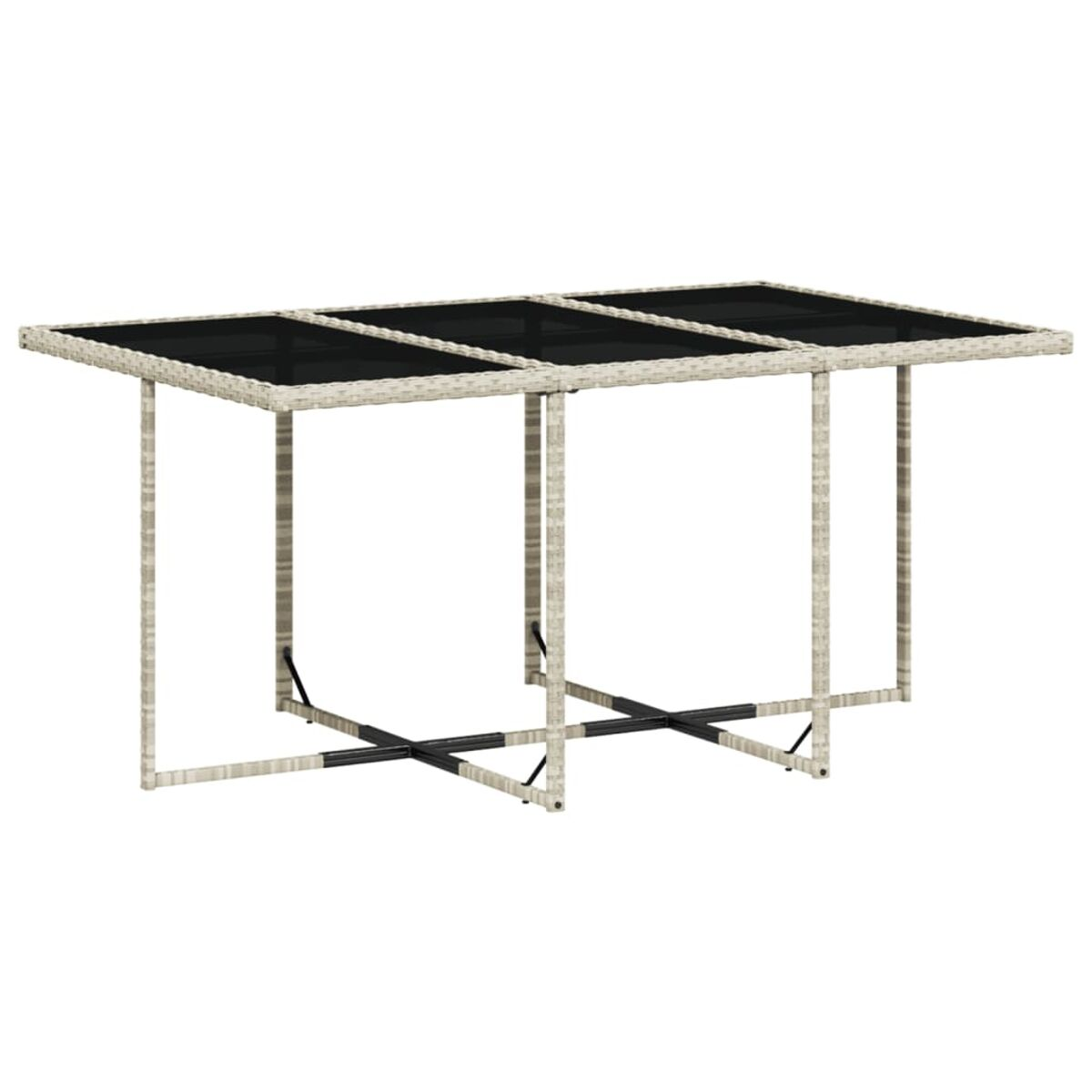 Tavolo da pranzo per esterni con piano in vetro nero e gambe e supporti in stile vimini beige.