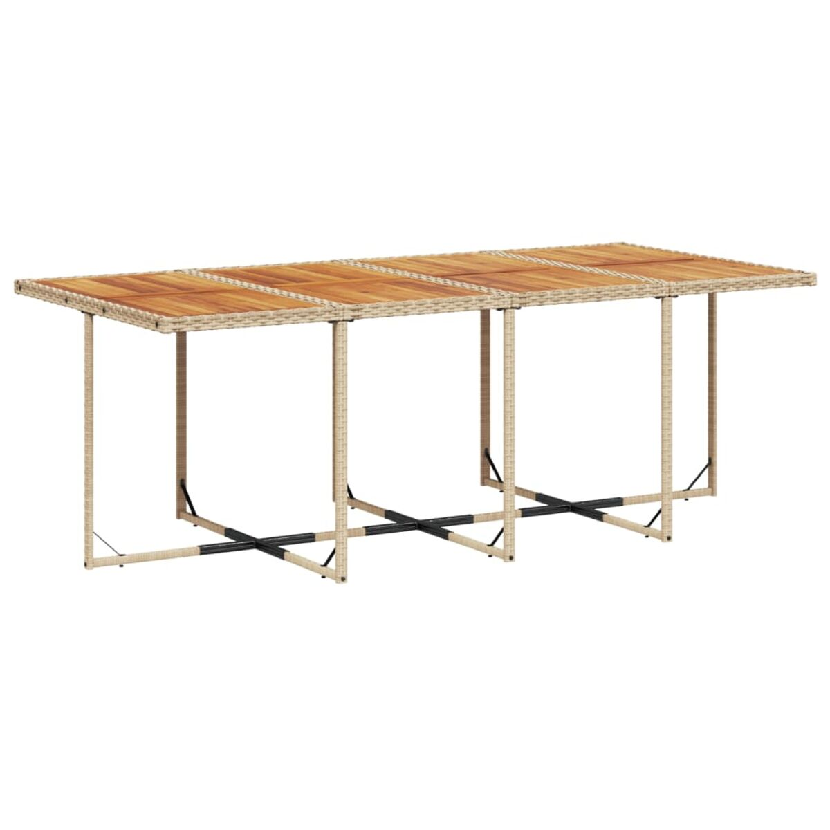 Langer rechteckiger Outdoor-Tisch. Rattanbasis mit Holzplatte. Schwarze Metallstützen.