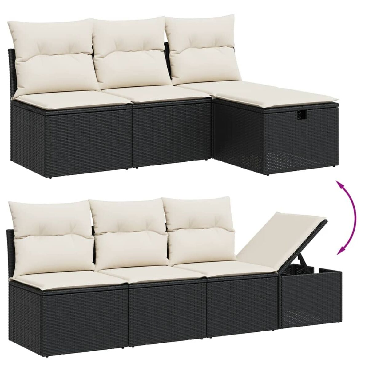 Zwei Ansichten eines schwarzen Korbsessel-Sofas mit cremefarbenen Kissen, eines mit angehobenem Stauraum.