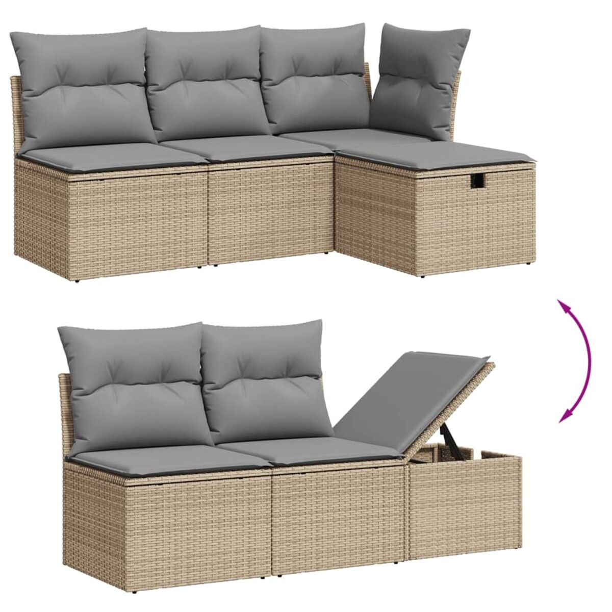 Rattansofa mit grauen Kissen. Ein Abschnitt hat eine aufklappbare Oberseite zur Aufbewahrung.