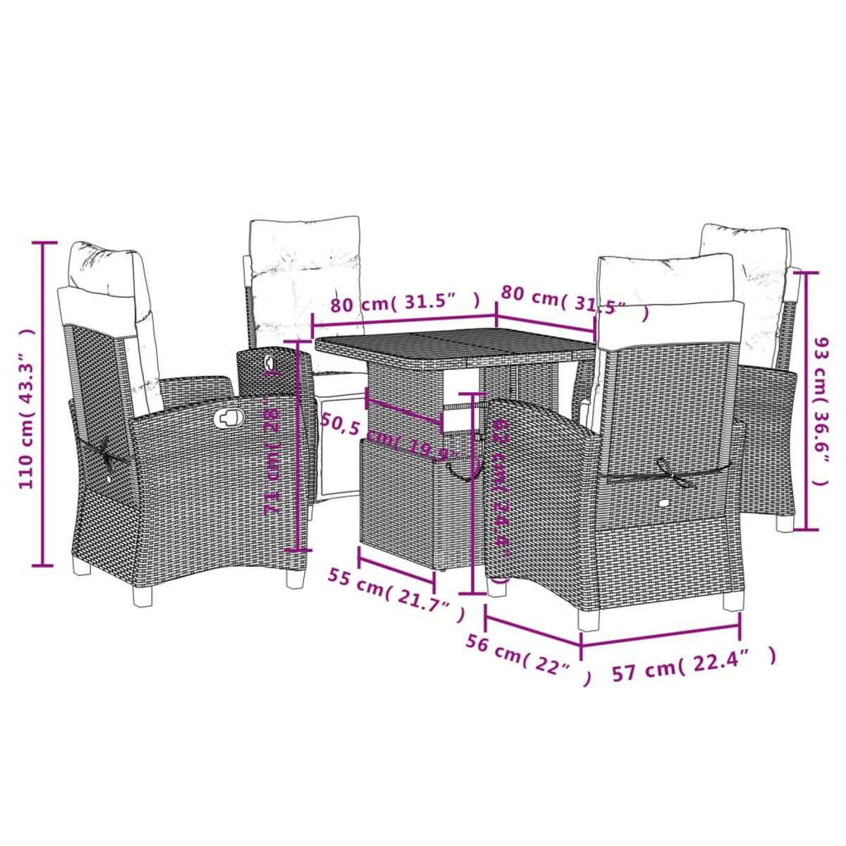 Diagramm eines Rattan-Esszimmersets im Freien, mit Abmessungen in cm und Zoll. Set beinhaltet Tisch und Stühle.
