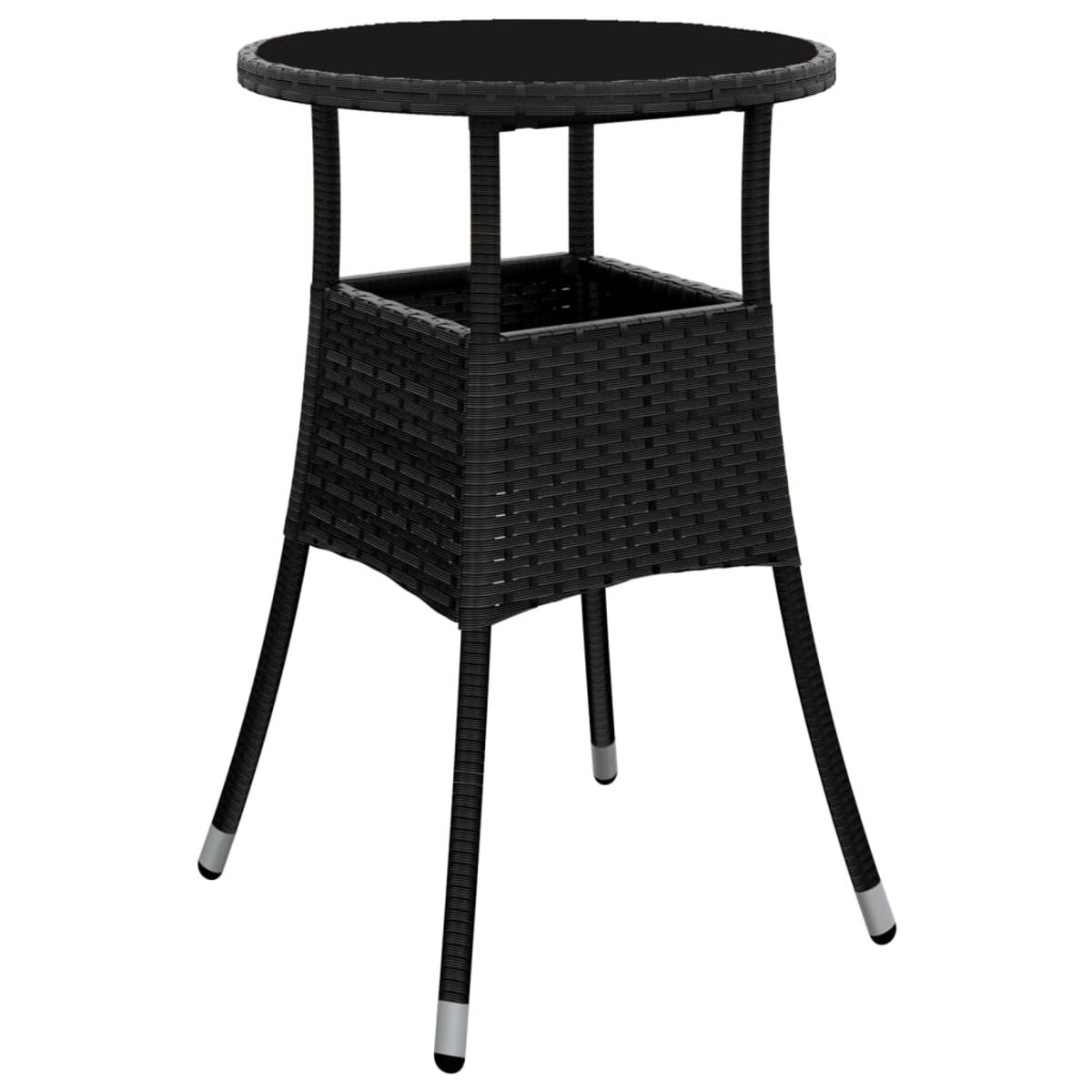 Schwarzer Rattan-Stehtisch mit runder Platte und Stauraum unten.