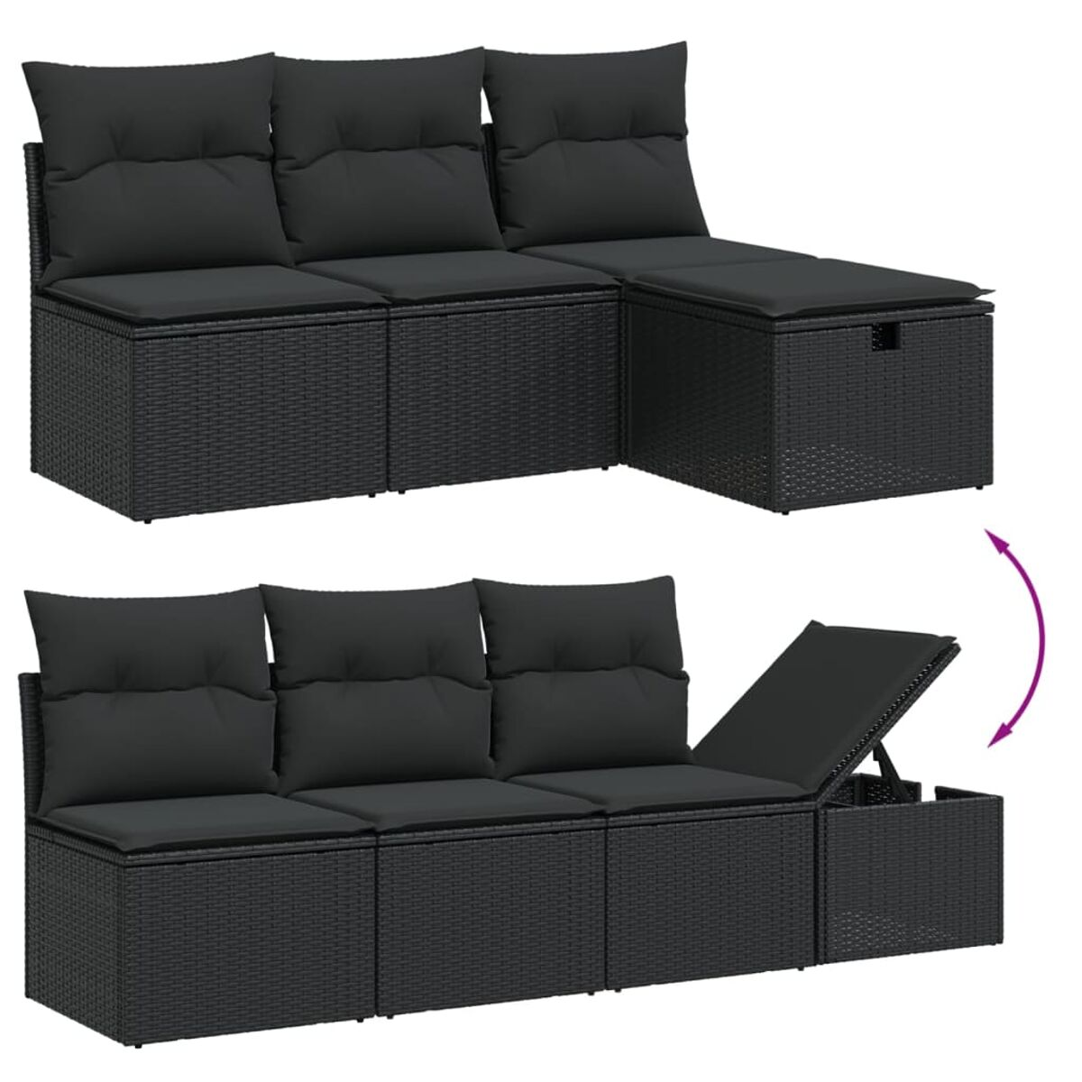 Schwarzes Ecksofa aus Korbgeflecht mit Kissen. Ein Abschnitt lässt sich zur Aufbewahrung öffnen.