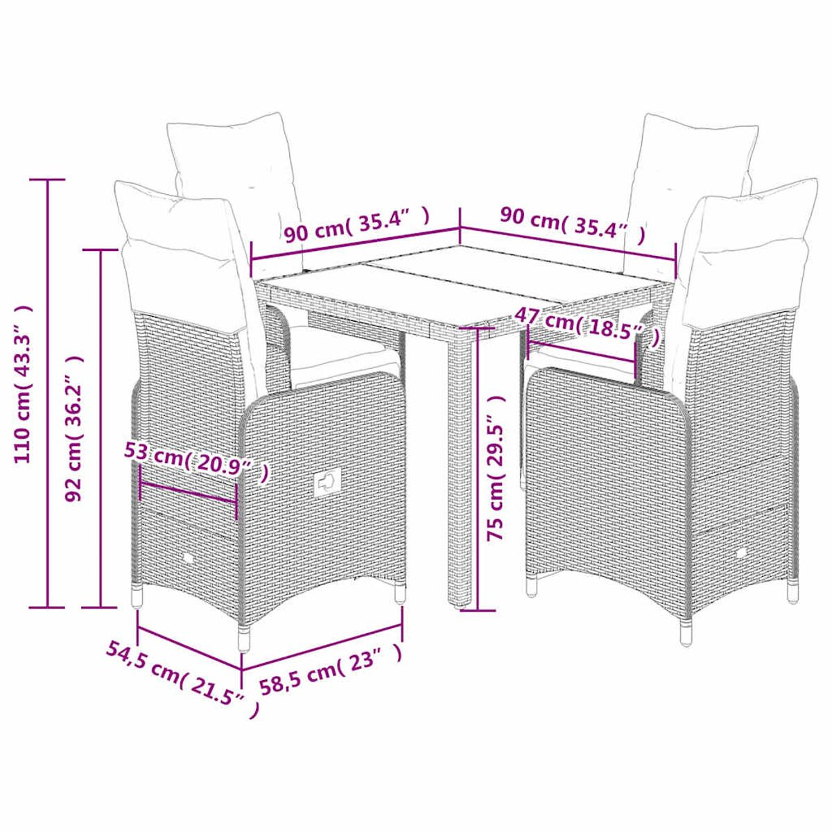 Set da pranzo per esterni: tavolo e quattro sedie, vimini con dimensioni indicate.