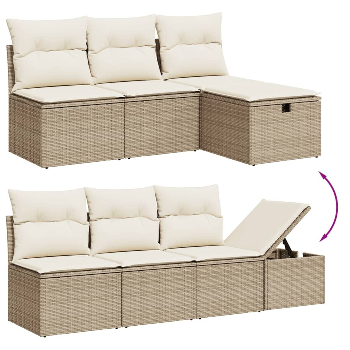 Divano angolare in vimini beige con cuscini. Una sezione si apre per riporre oggetti.