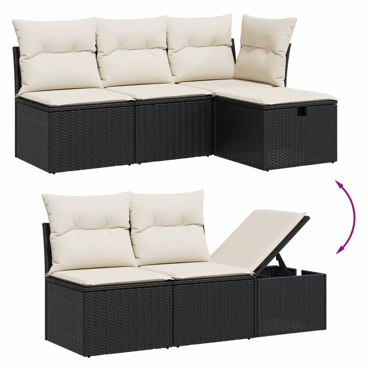 Schwarzes Rattan-Sofa, umwandelbar mit Stauraum. Beige Kissen. Verschiedene Konfigurationen.