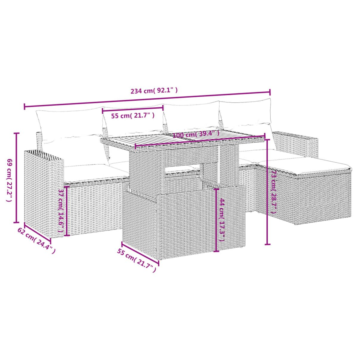 Diagramm eines Sofas mit Beistelltisch und Abmessungen in cm und Zoll.