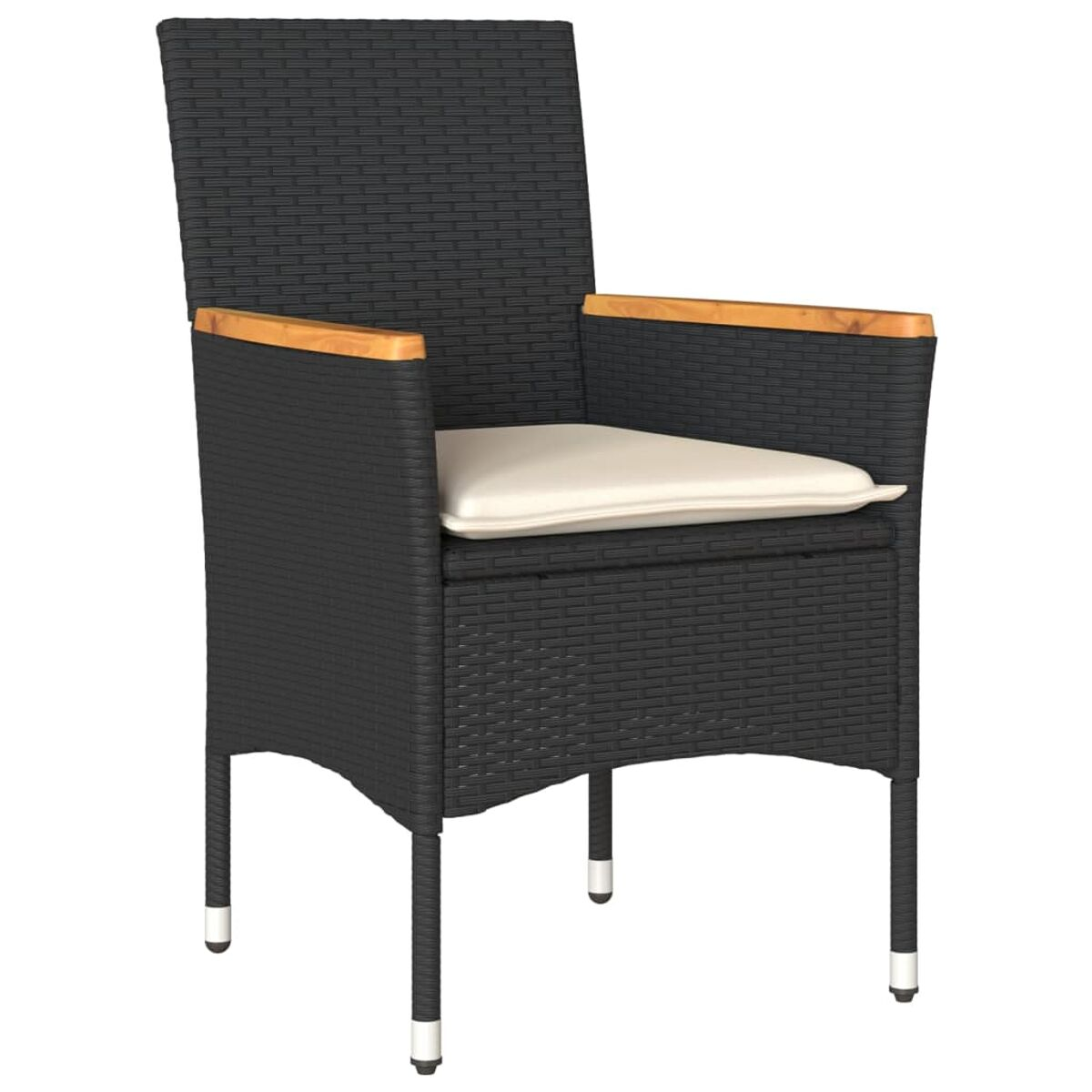 Schwarzer Outdoor-Stuhl mit weißem Kissen, Holzarmlehnen und Metallbeinen. Weißer Hintergrund.
