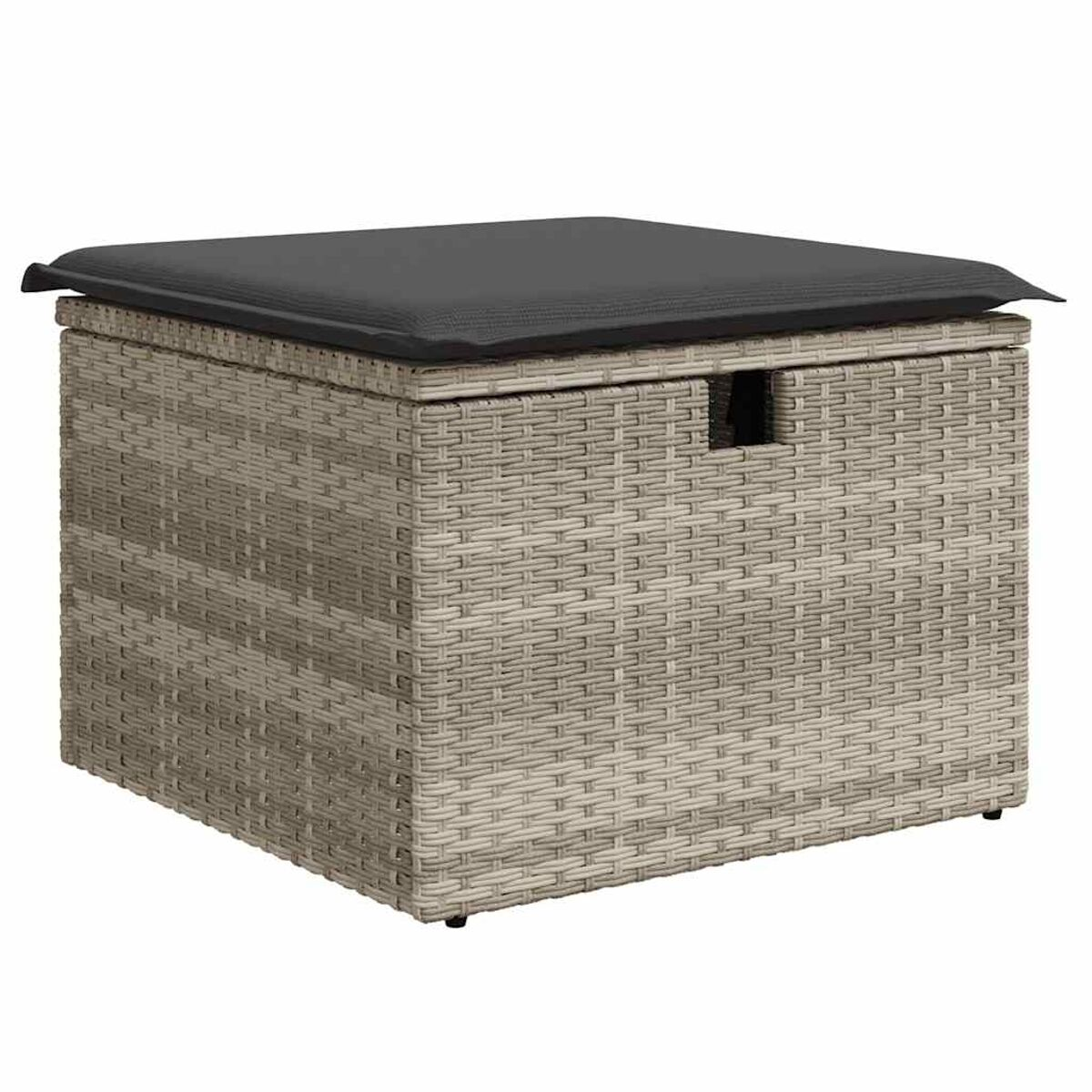 Quadratische Aufbewahrungsbox mit grauem Webmuster und schwarzem Kissen oben. Griff sichtbar.