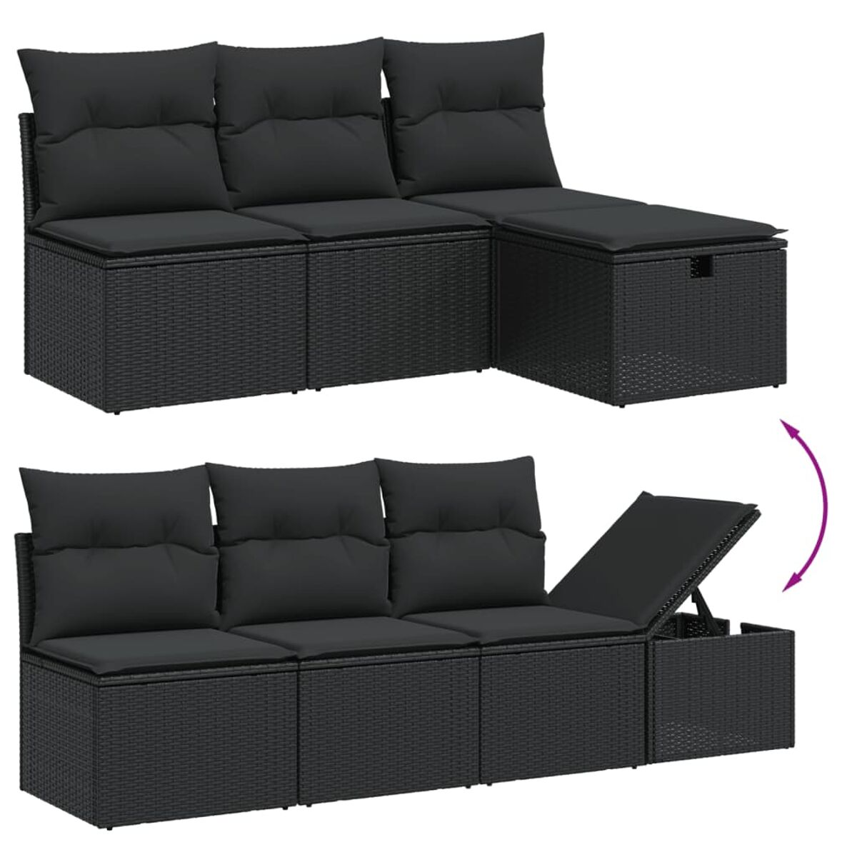 Schwarzes Ecksofa aus Korbgeflecht mit Kissen. Ein Abschnitt lässt sich zur Aufbewahrung öffnen.