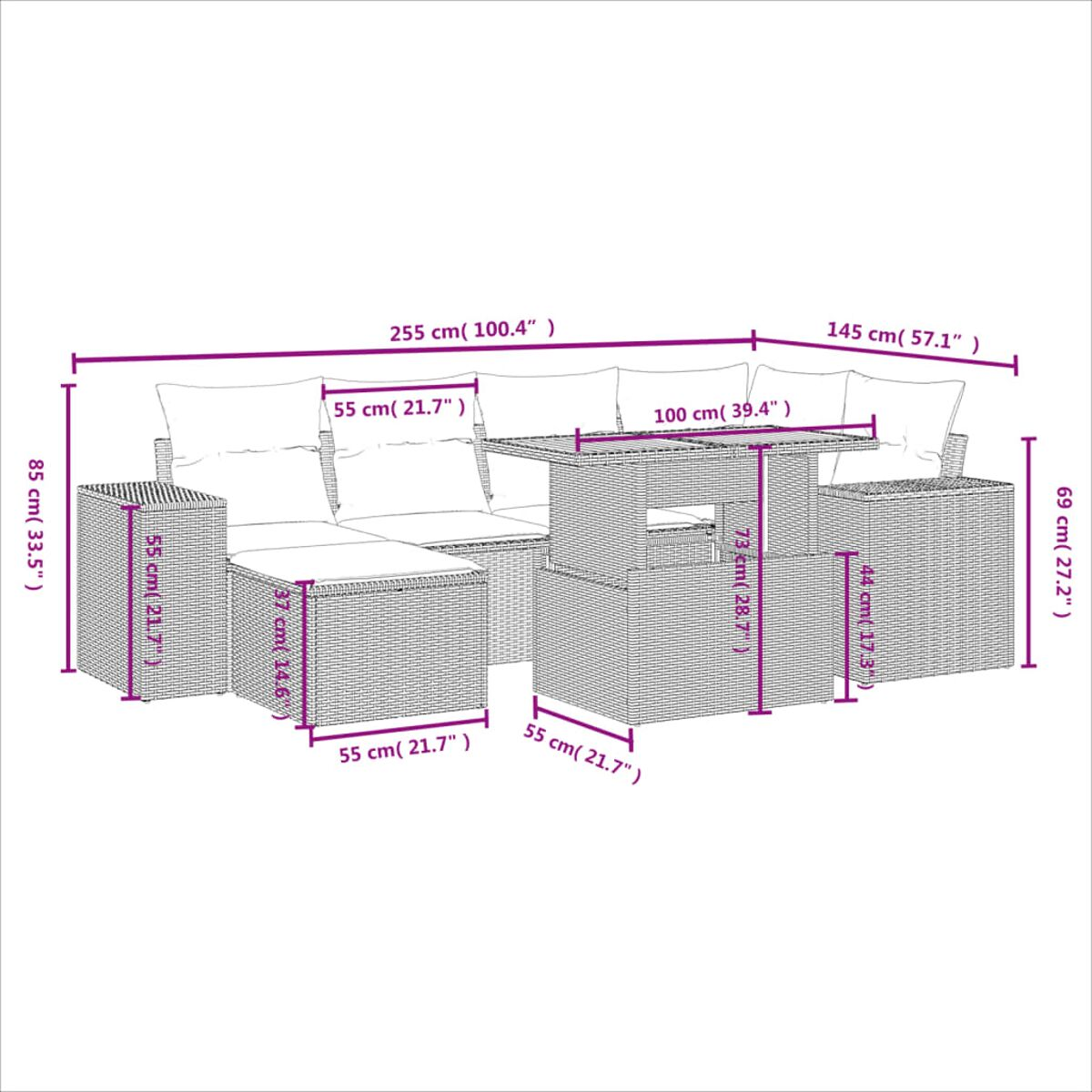 Diagramm eines Korbmöbel-Sets mit Abmessungen. Das Set beinhaltet ein Sofa, einen Tisch und einen Stuhl.