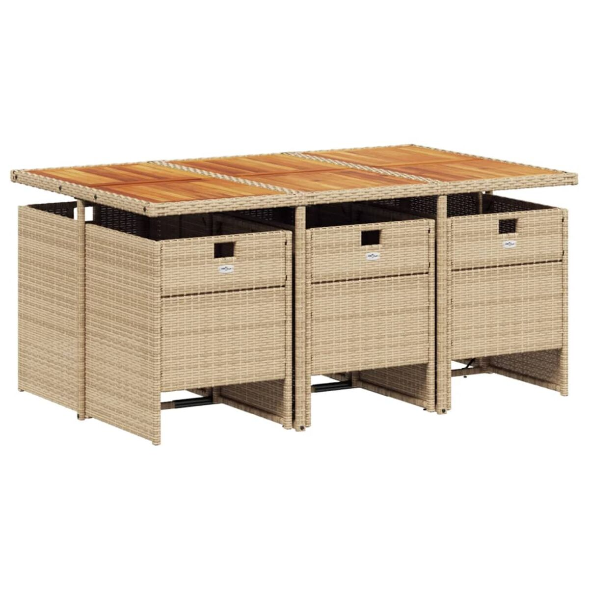 Ein Holztisch für den Außenbereich mit Schubladen. Er ist aus Korbgeflecht und hat eine Holzplatte.