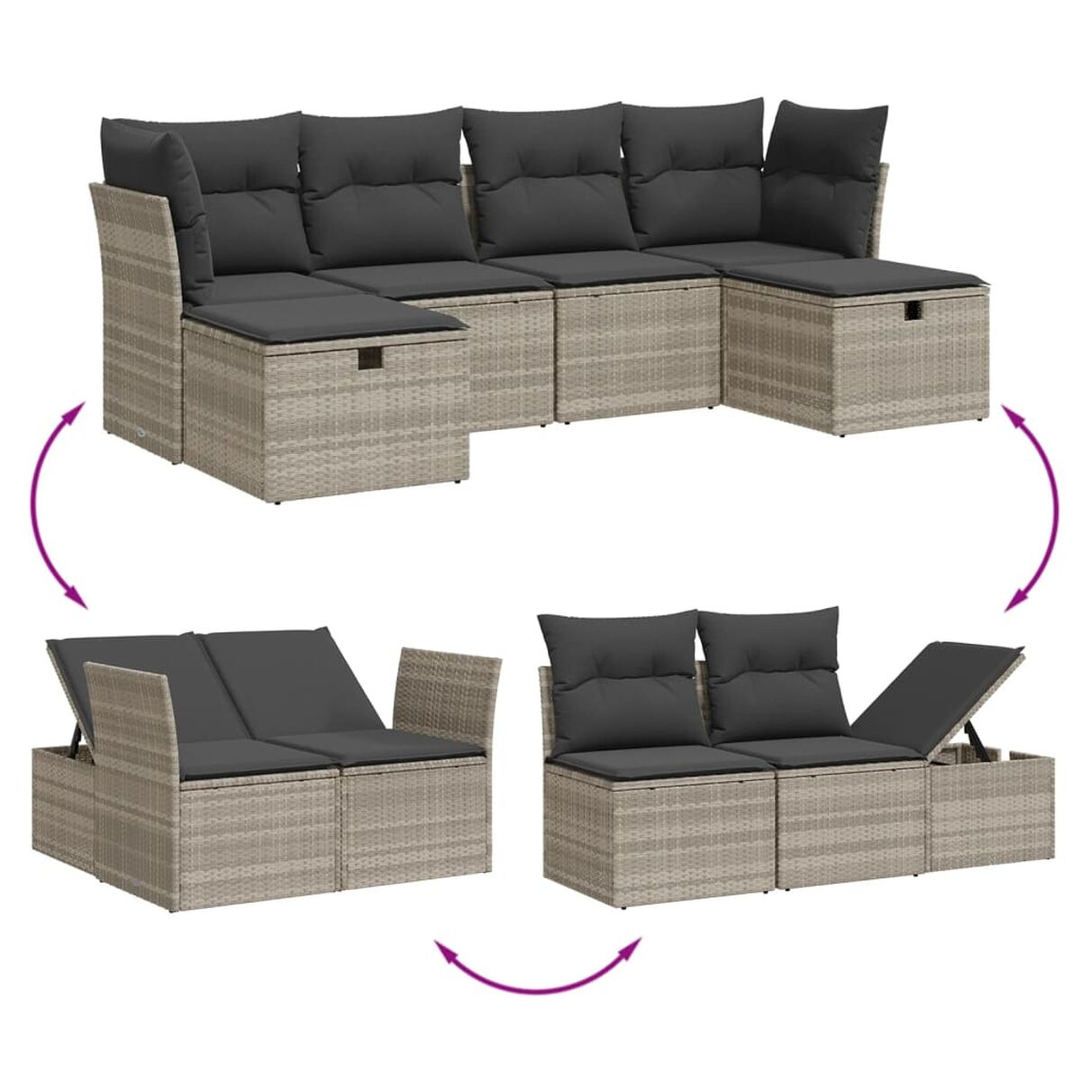 Modulares Outdoor-Rattan-Sofaset mit grauen Kissen, in verschiedenen Konfigurationen gezeigt.
