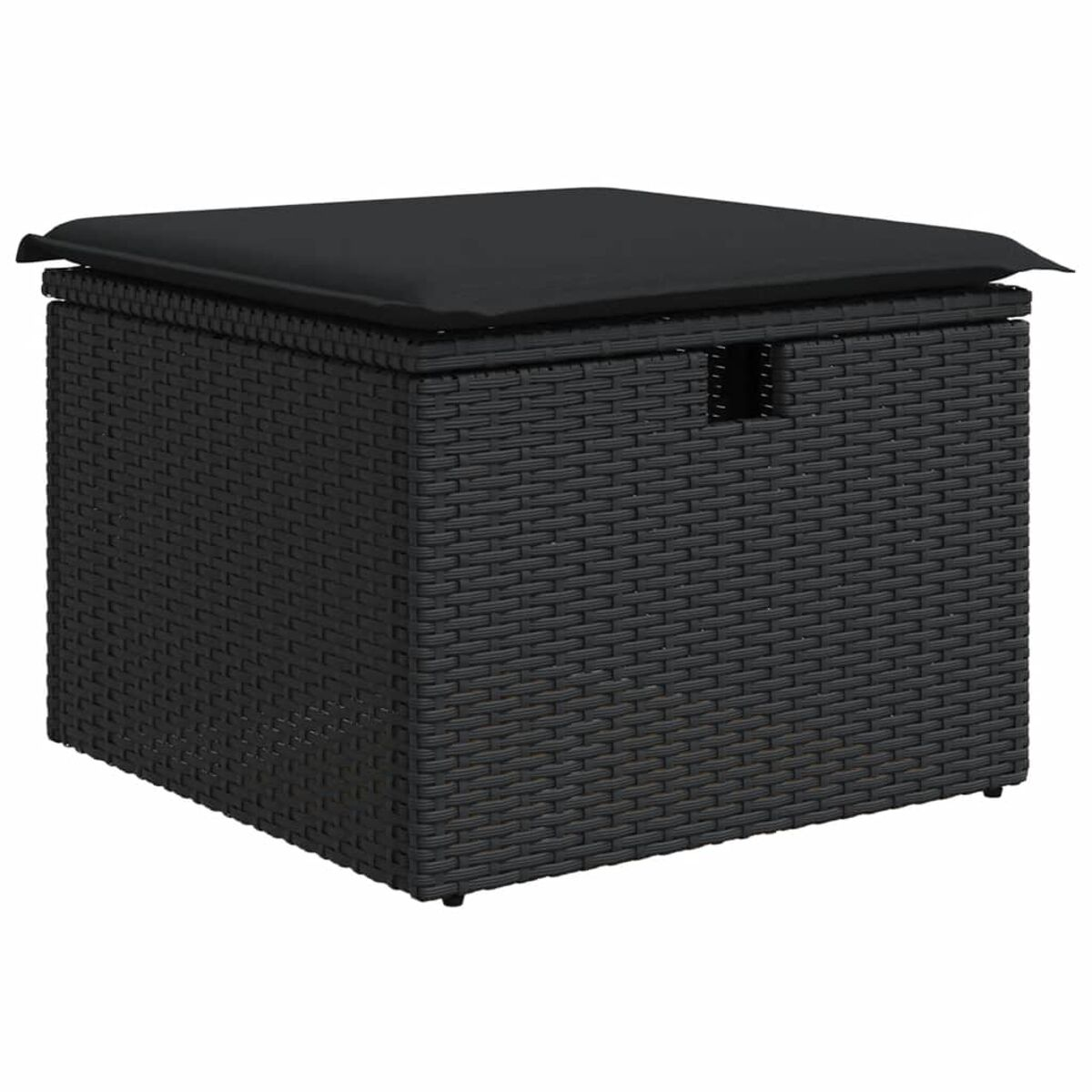 Schwarze quadratische Rattan-Aufbewahrungsbox mit schwarzem Kissen oben.
