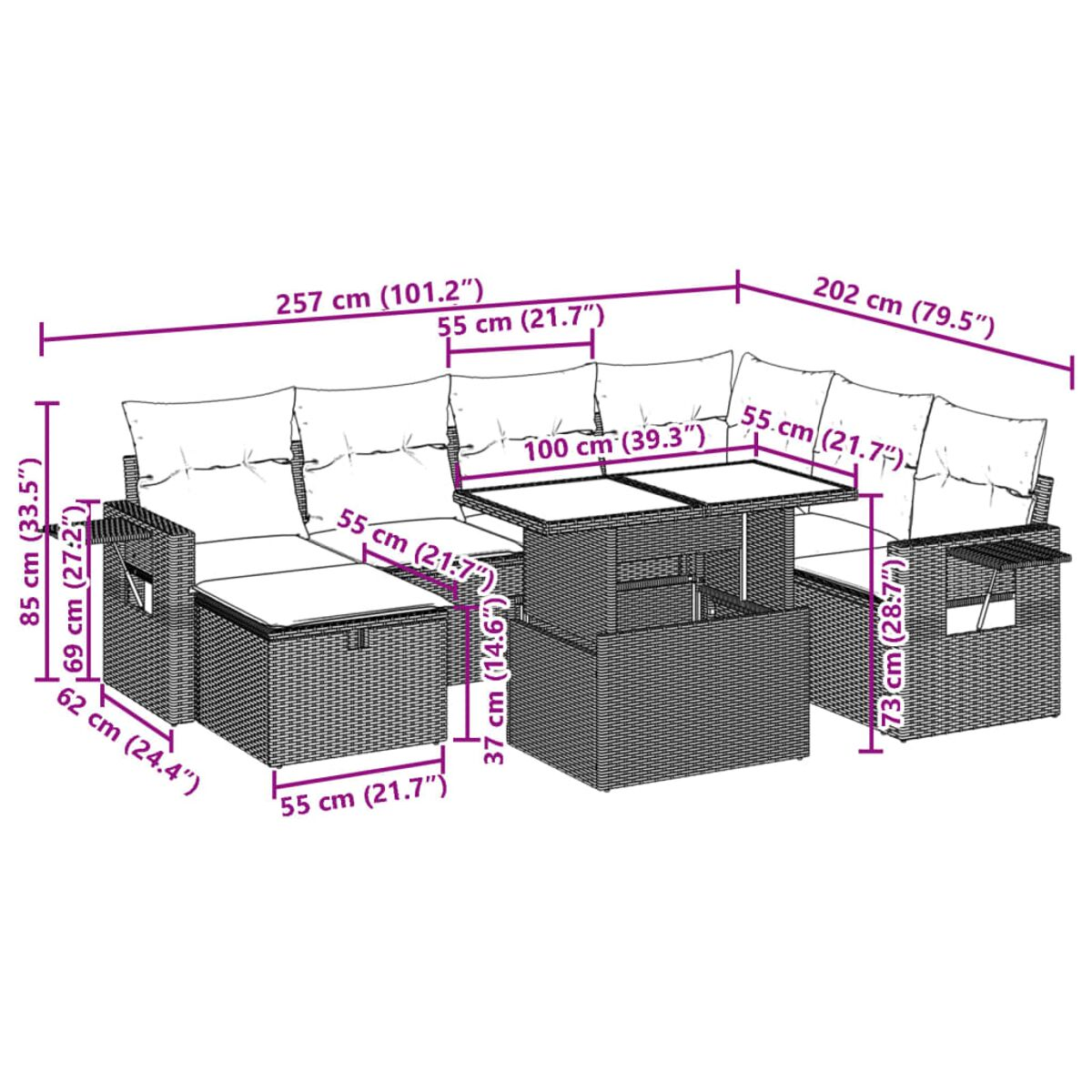 Diagramm eines Korbmöbelsofas mit passendem Couchtisch mit Maßen in cm und Zoll.