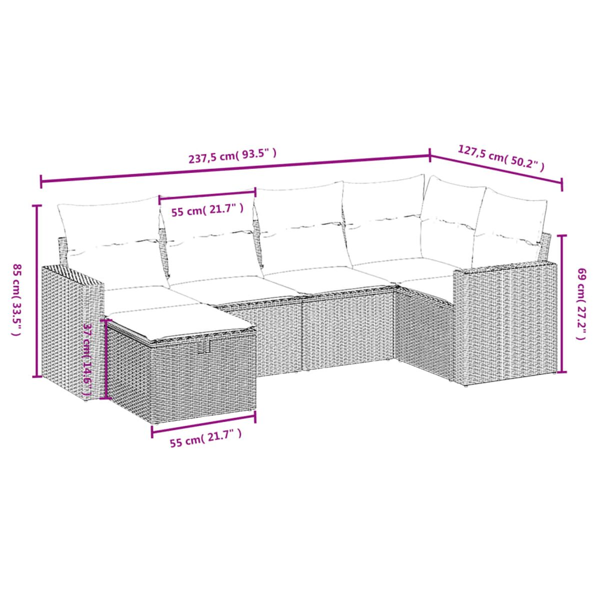 Diagramm eines Outdoor-Ecksofas mit Abmessungen. Gewebtes Material, weiße Kissen.