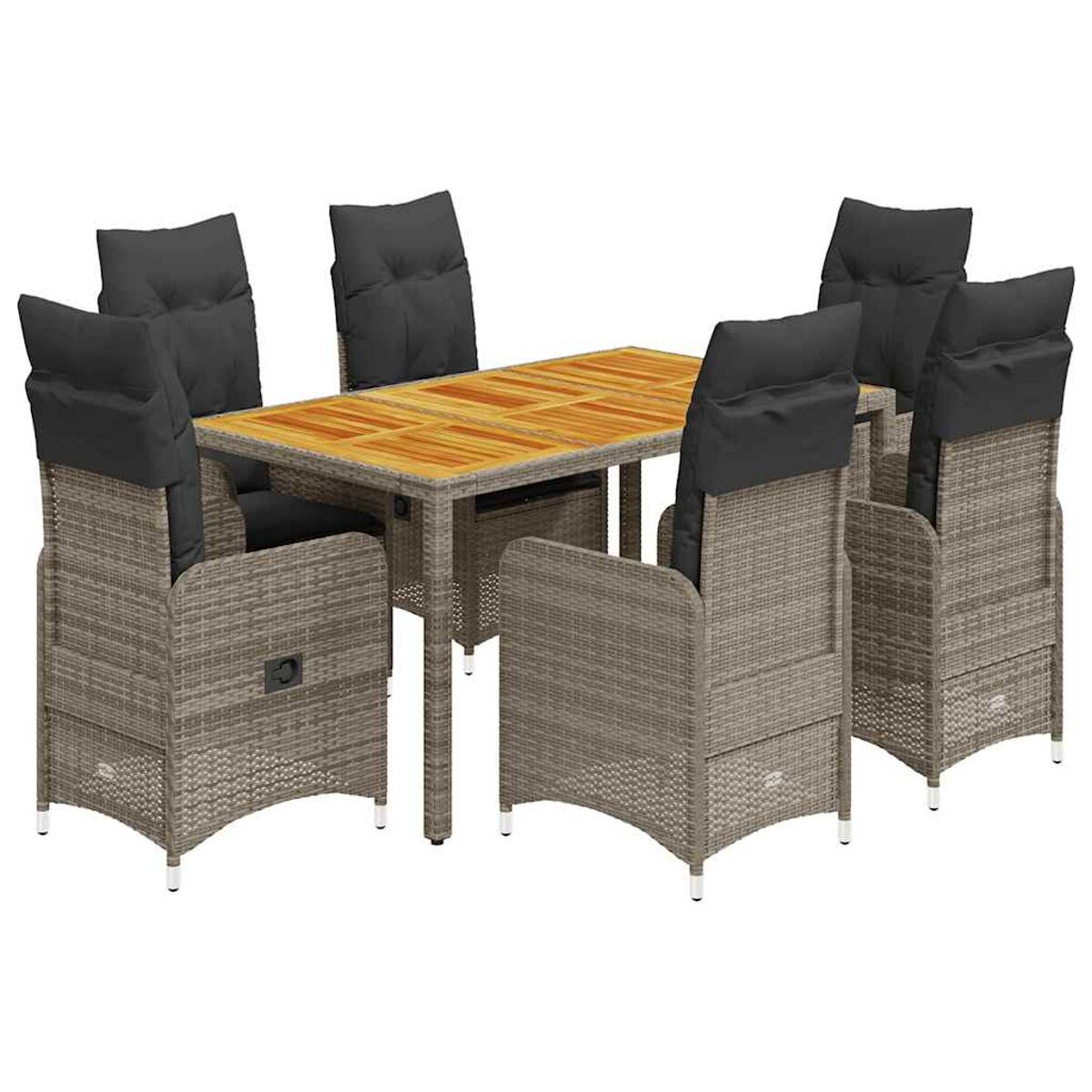 Set da pranzo da esterno con 6 sedie, vimini grigio, cuscini neri e tavolo in legno.