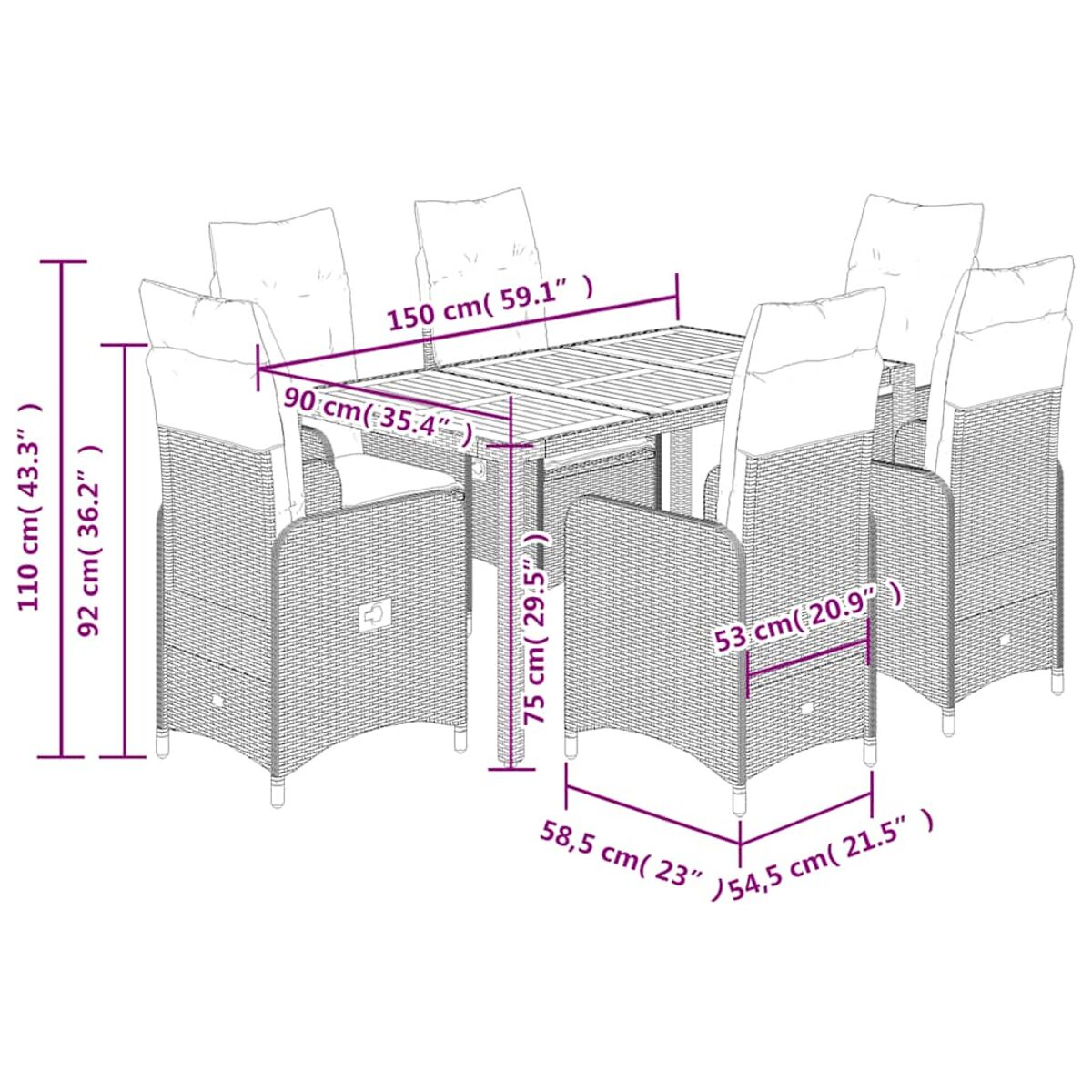 Set da pranzo in rattan con dimensioni, cuscini bianchi. Include un tavolo e otto sedie.