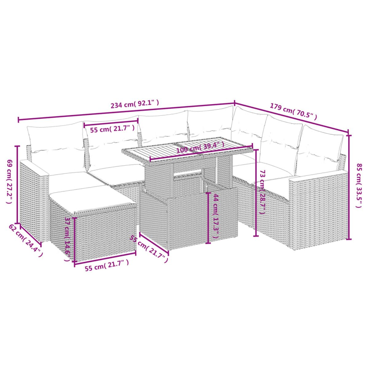 Rattan-Gartenmöbel-Set mit Maßen. Enthält einen Tisch, ein Sofa und eine Ottomane.