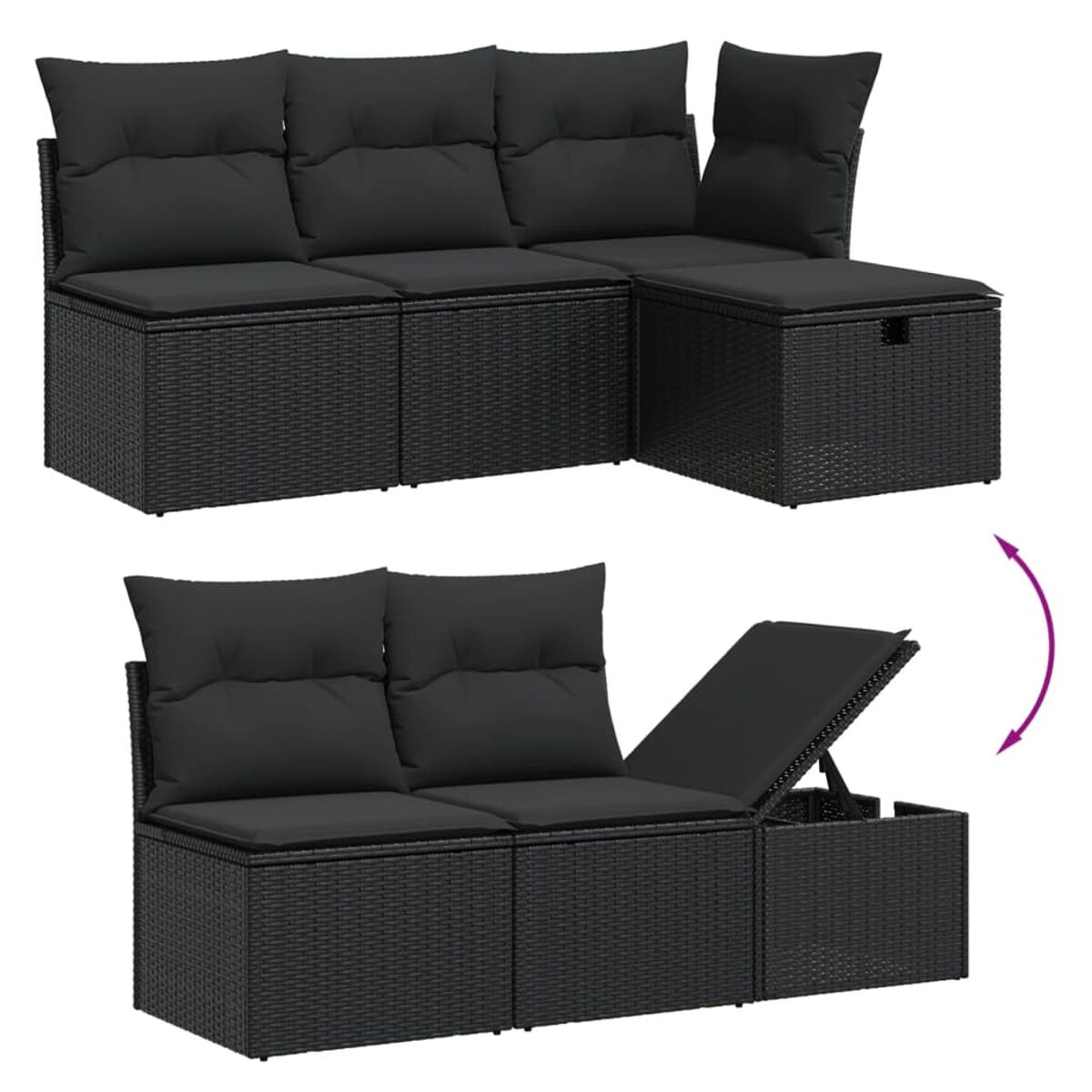 Zwei Rattansofas, eines mit offenem Stauraum. Schwarze Kissen und Rahmen.