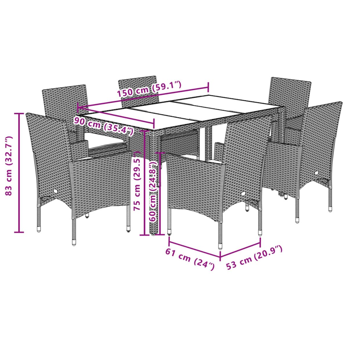 Ein Ess-Set aus Korb für draußen mit Tisch und sechs Stühlen, Maße angegeben.