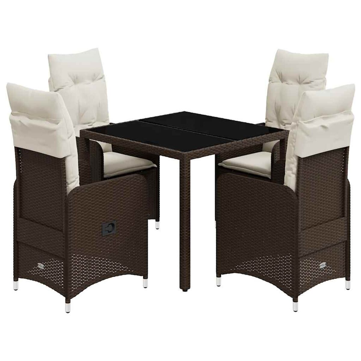 Set da pranzo in rattan marrone con cuscini bianchi e tavolo quadrato su sfondo bianco.