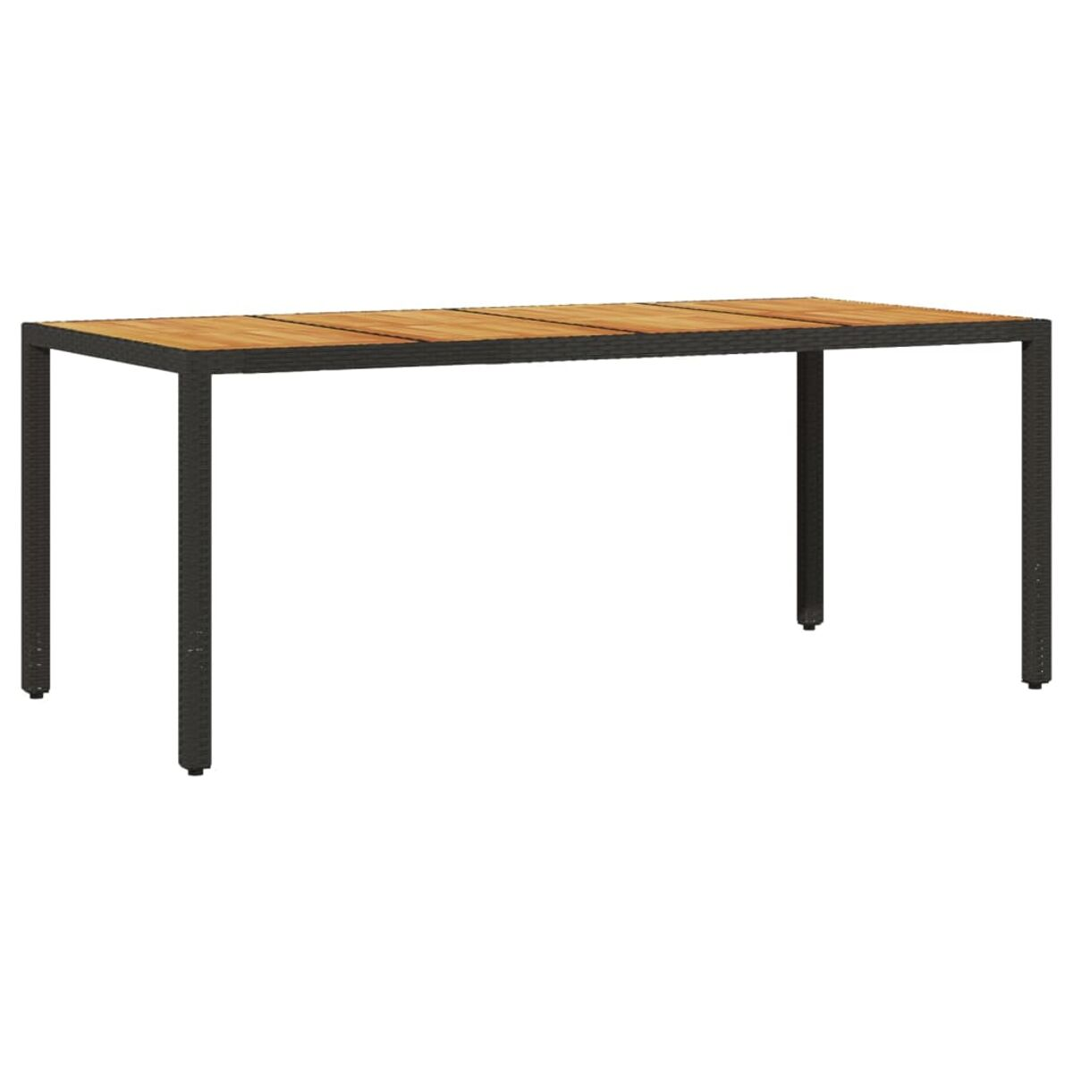 Rattan-Außentisch mit Holzplatte und Metallbeinen. Weißer Hintergrund. Abmessungen sind sichtbar.
