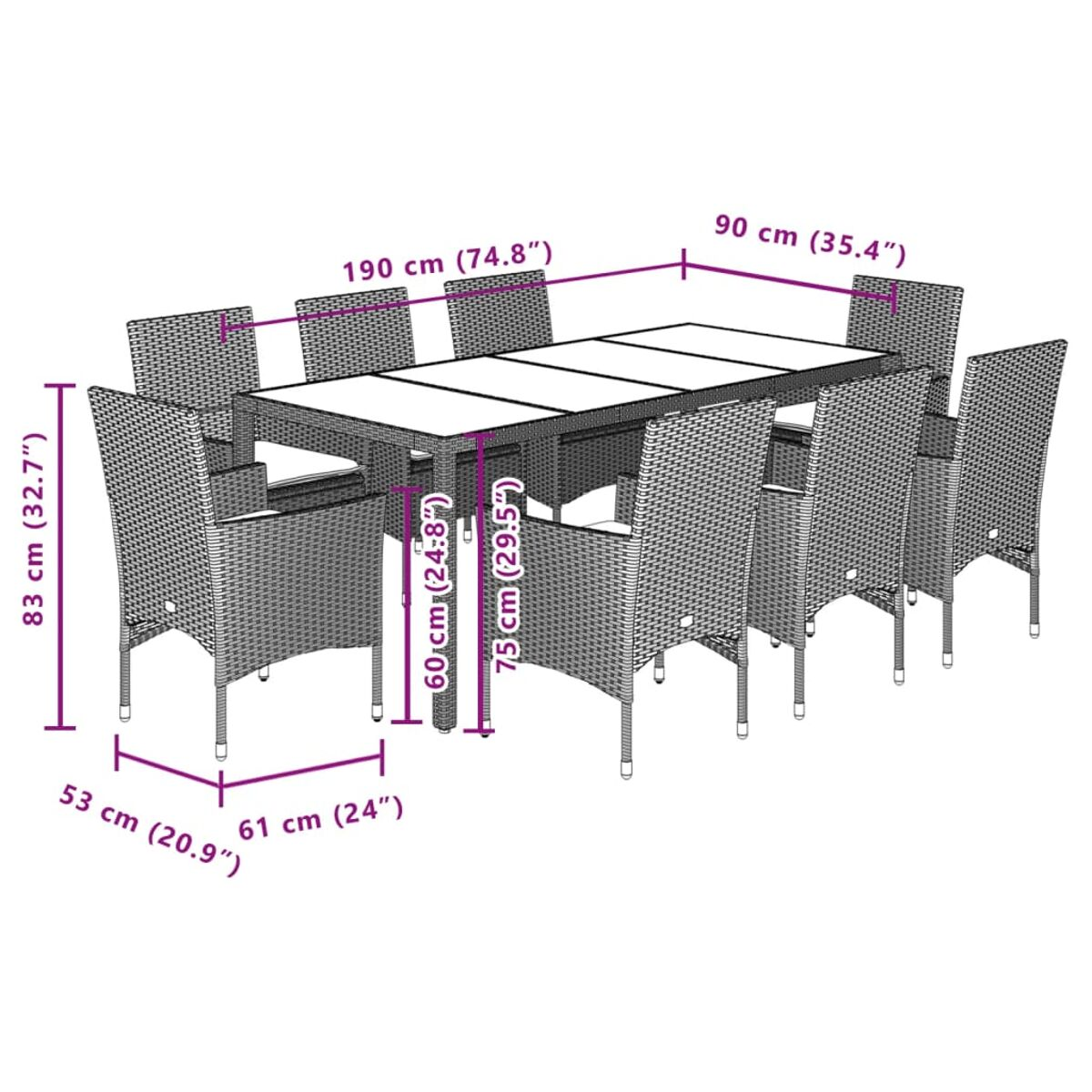 Rattan-Ess-Set für den Außenbereich mit 8 Stühlen und einem Tisch. Maße in cm und Zoll.