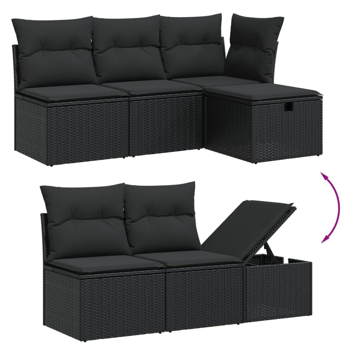 Ein schwarzes Outdoor-Sofa aus Korbgeflecht mit einem Stauraum. Eine Hälfte ist offen.