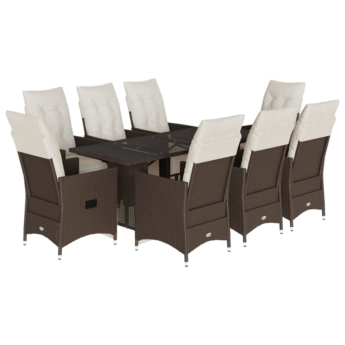 Tavolo in rattan marrone scuro con otto sedie, tutte con cuscini color crema.