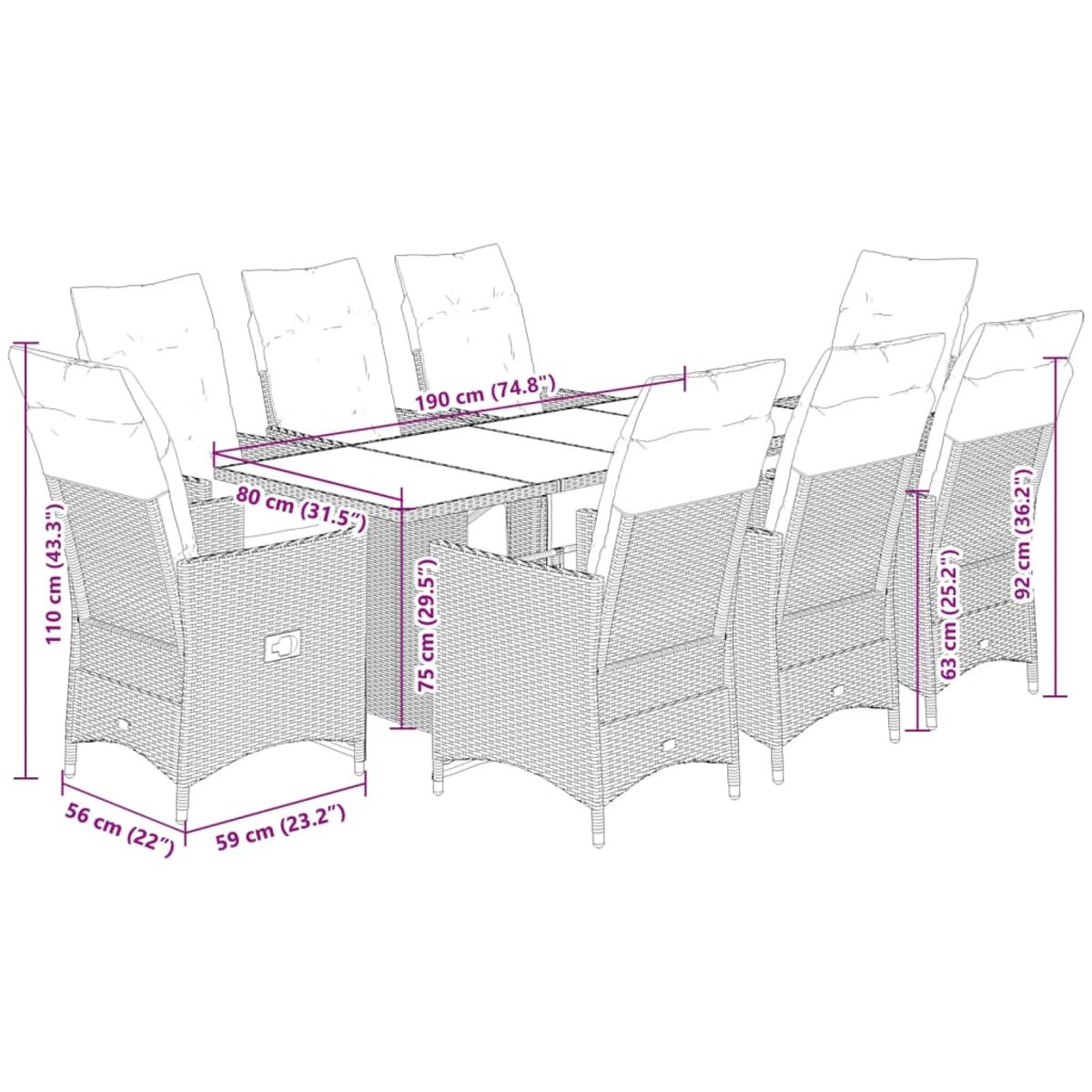 Set da esterno in vimini con dimensioni. Divano, tavolo, pouf, dimensioni in cm e pollici.