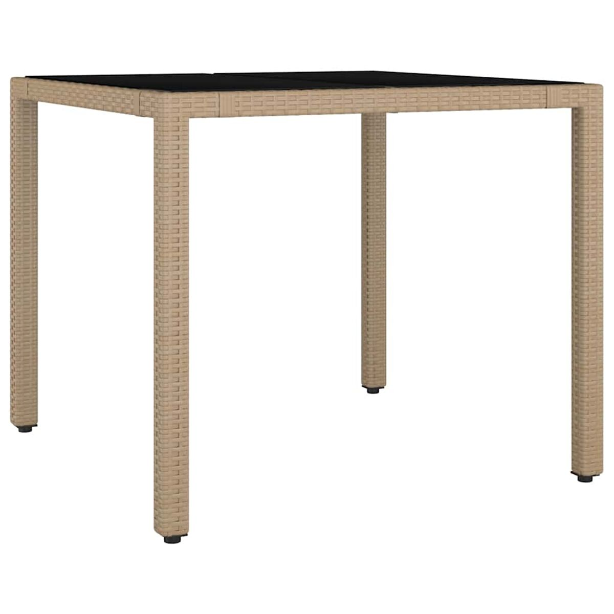 Tavolo quadrato con gambe marroni chiare e piano nero. Design semplice. Nessuna persona o oggetto.