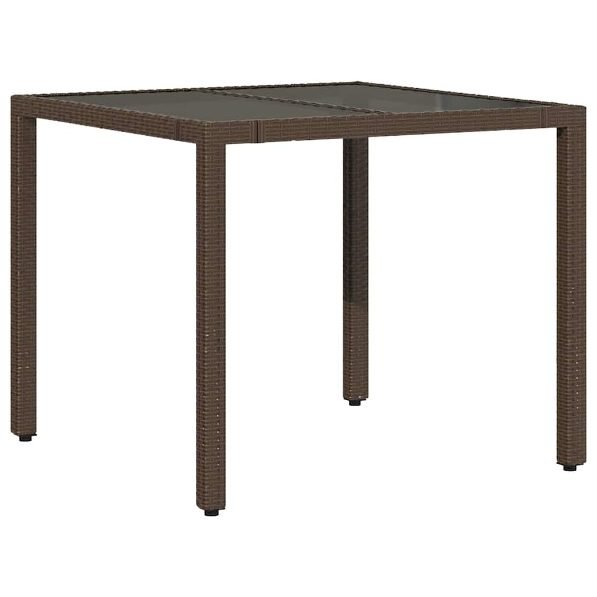 Un tavolo quadrato in rattan con piano in vetro. Colore marrone.