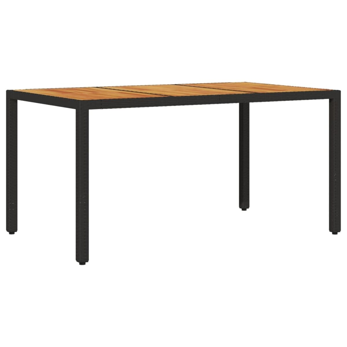 Holztisch mit schwarzen Metallbeinen, auf weißem Hintergrund gezeigt, mit Holzplatte.