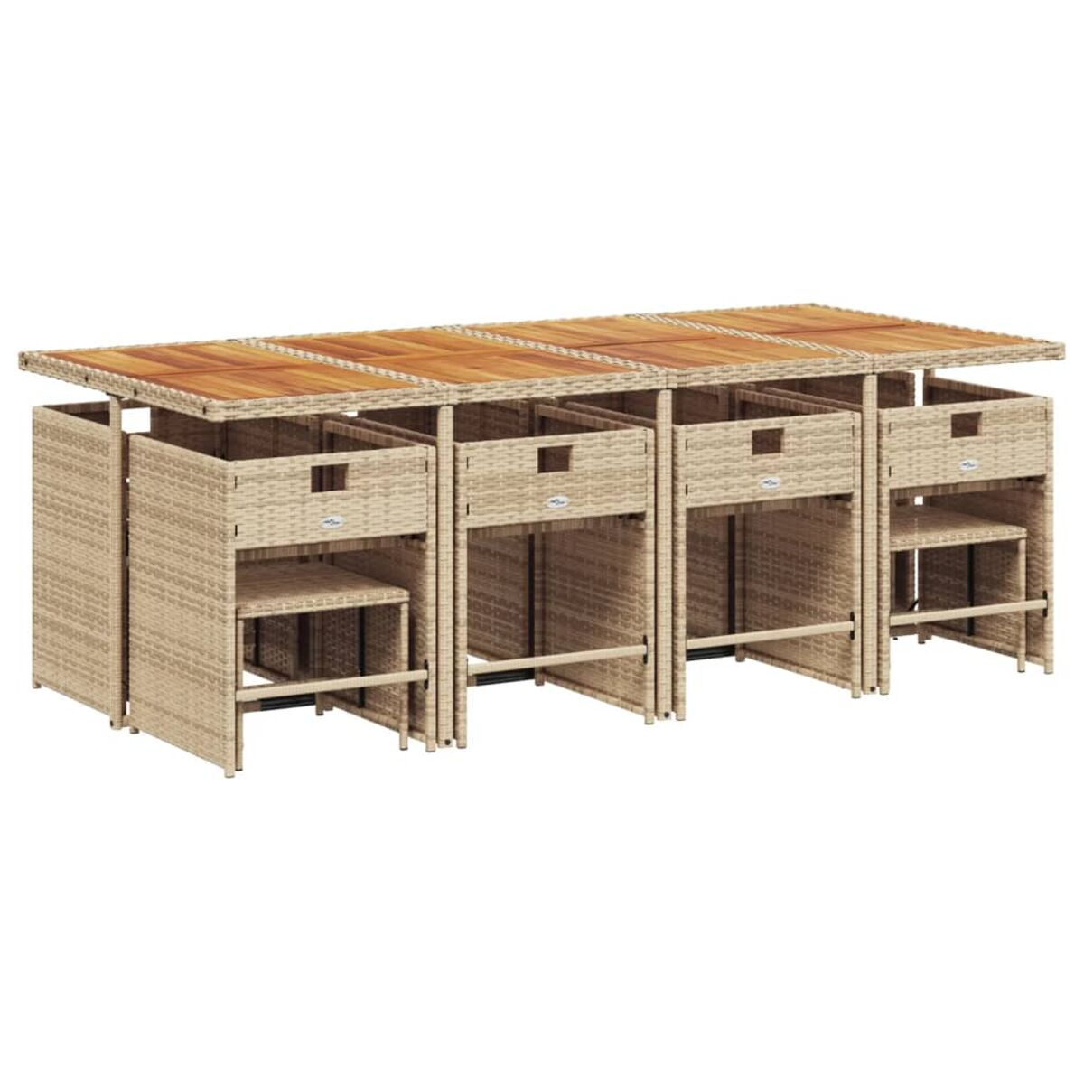 Gartenmöbel-Set mit einem langen Tisch und Stühlen. Der Tisch hat eine Holzplatte. Beige Farbe.