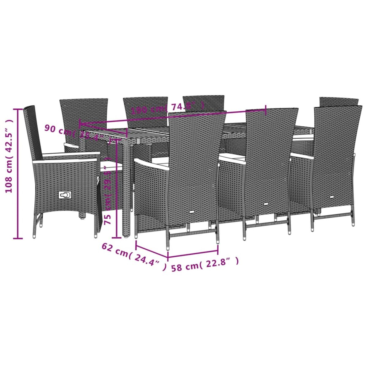 Rattan-Essgruppe mit Tisch und Stühlen. Maße sind angegeben. Set ist draußen.