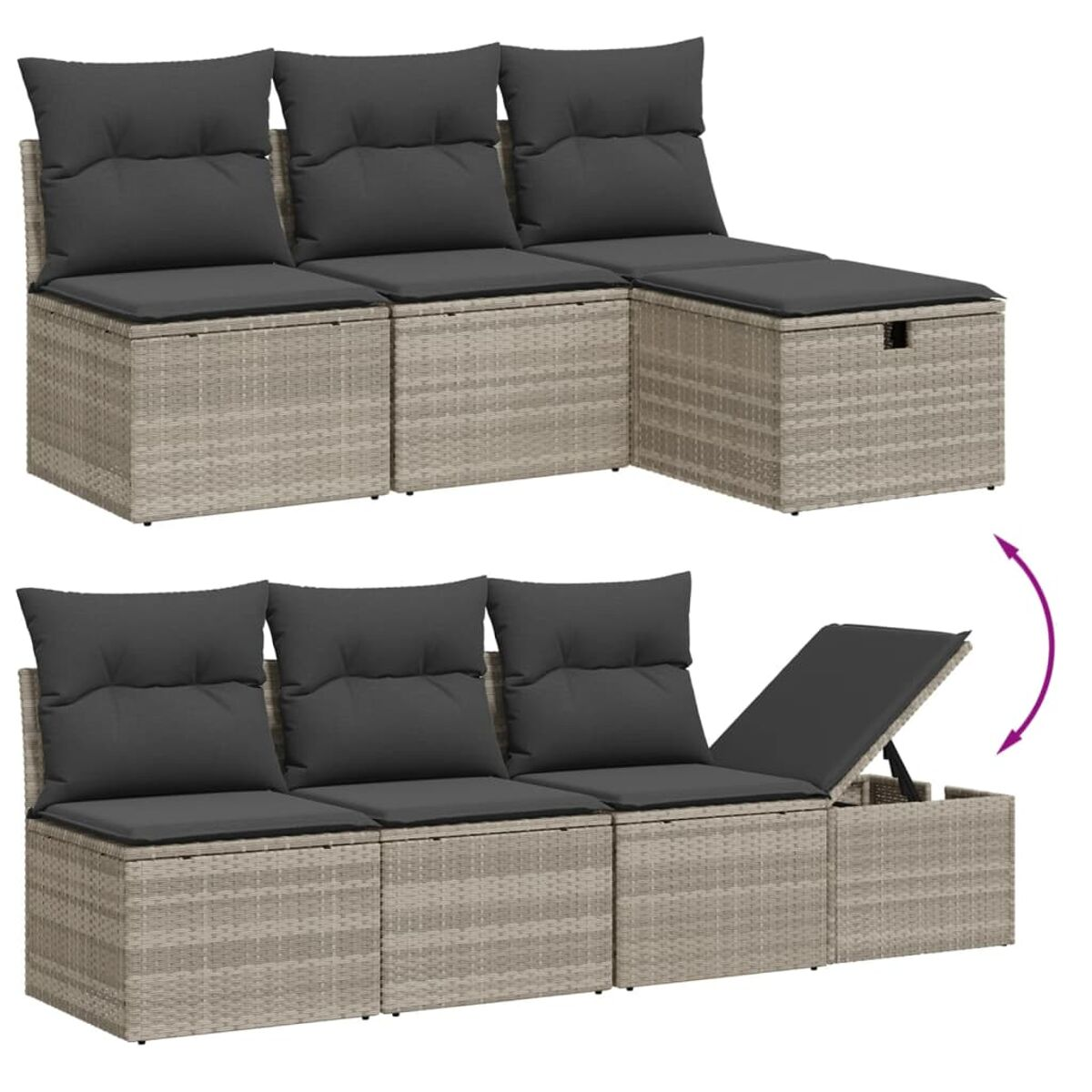 Korbsitzbank mit Stauraum. Das Sofa hat graue Kissen. Ein Abschnitt wird angehoben, um den Stauraum zu zeigen.